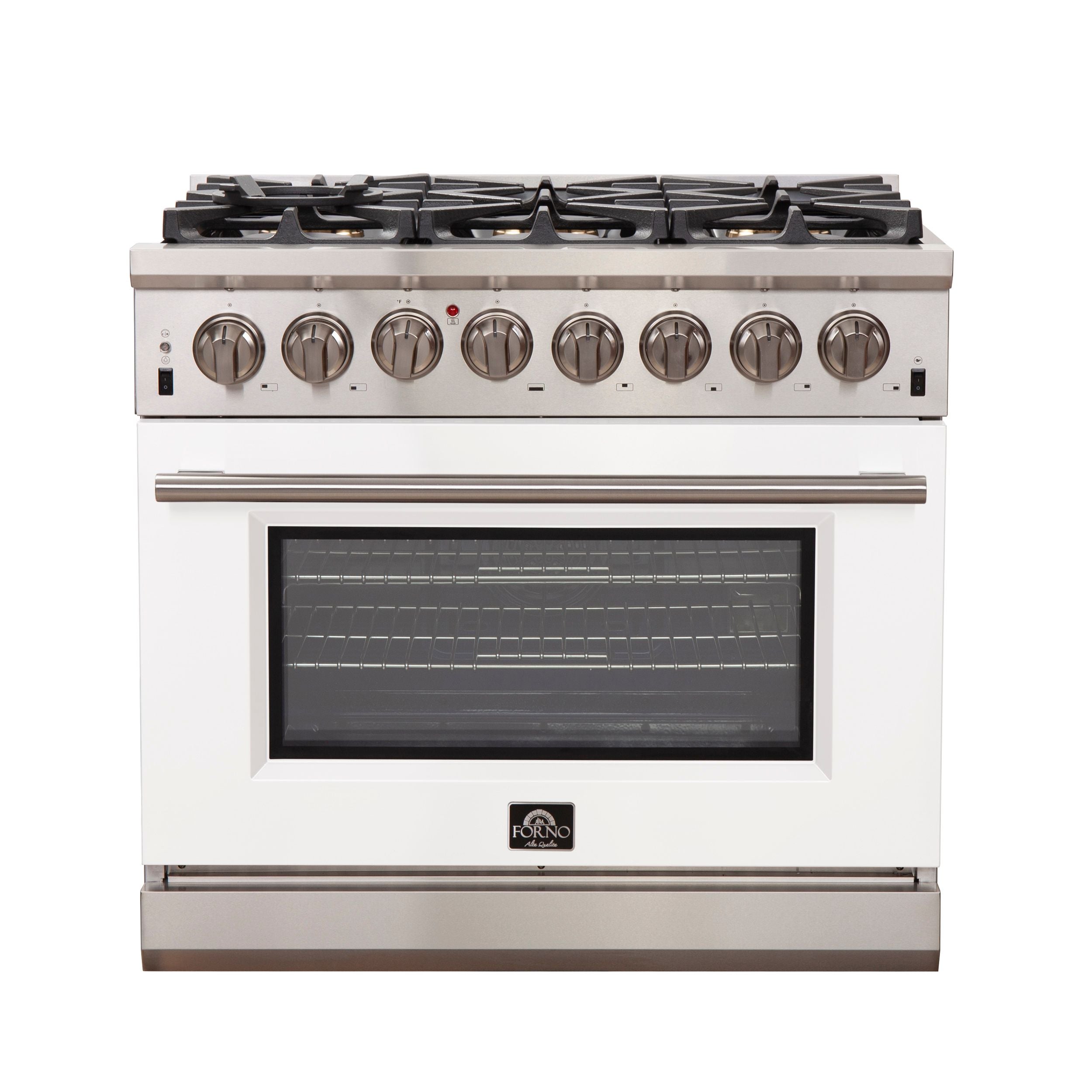 Stainless steel dual fuel range with 6 gas burner knobs and oven window