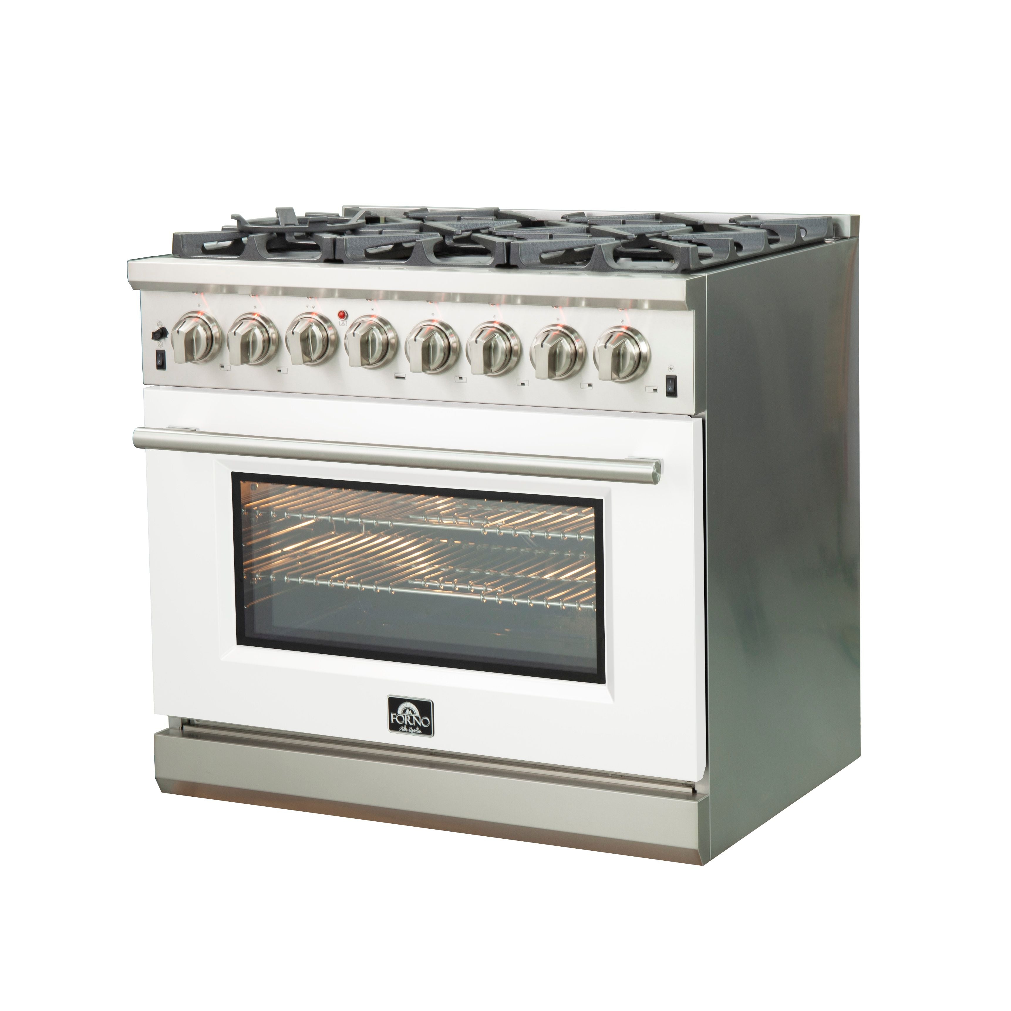 Stainless steel dual fuel range with oven window and 6 gas burner knobs