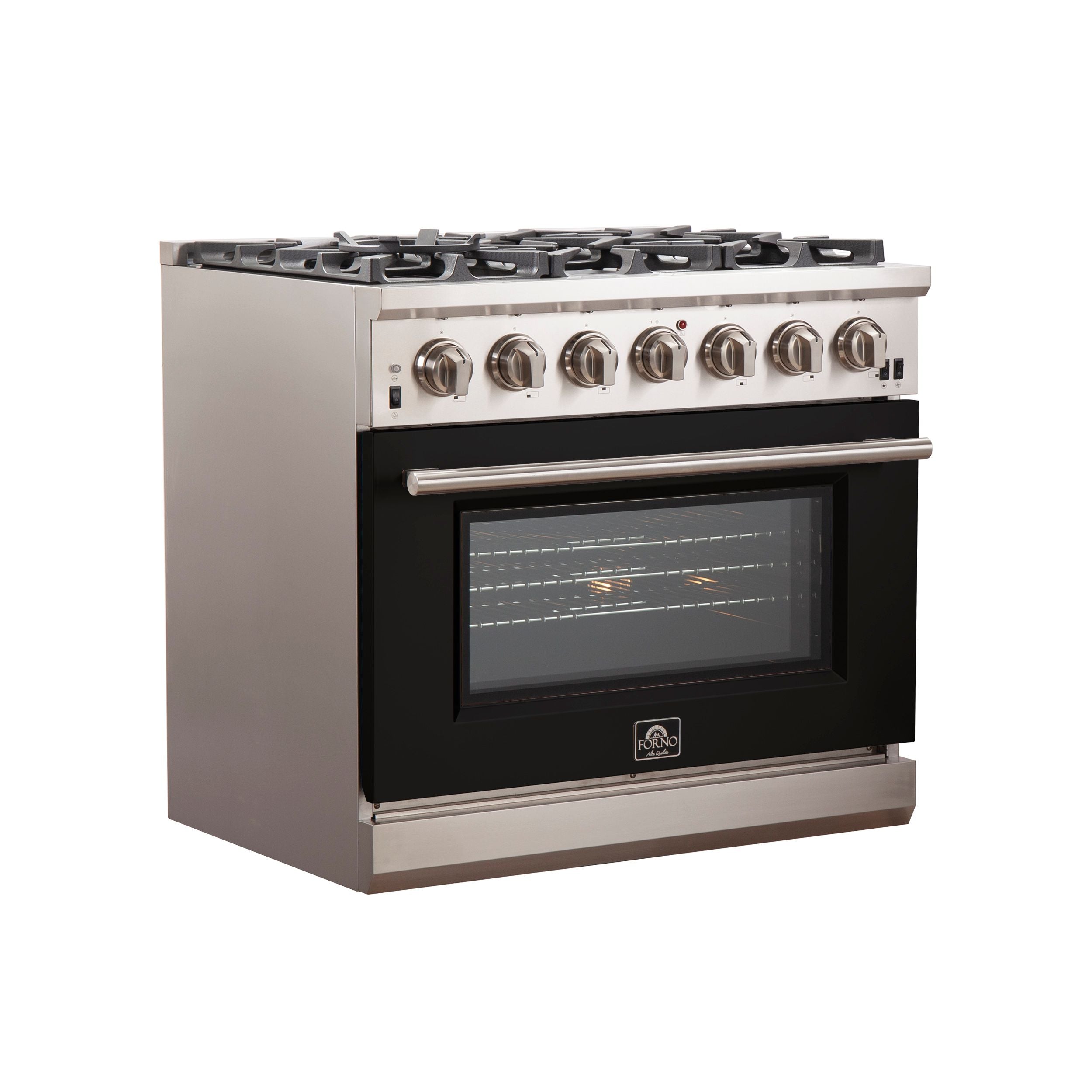 Stainless steel gas range with black oven door and six burner control knobs
