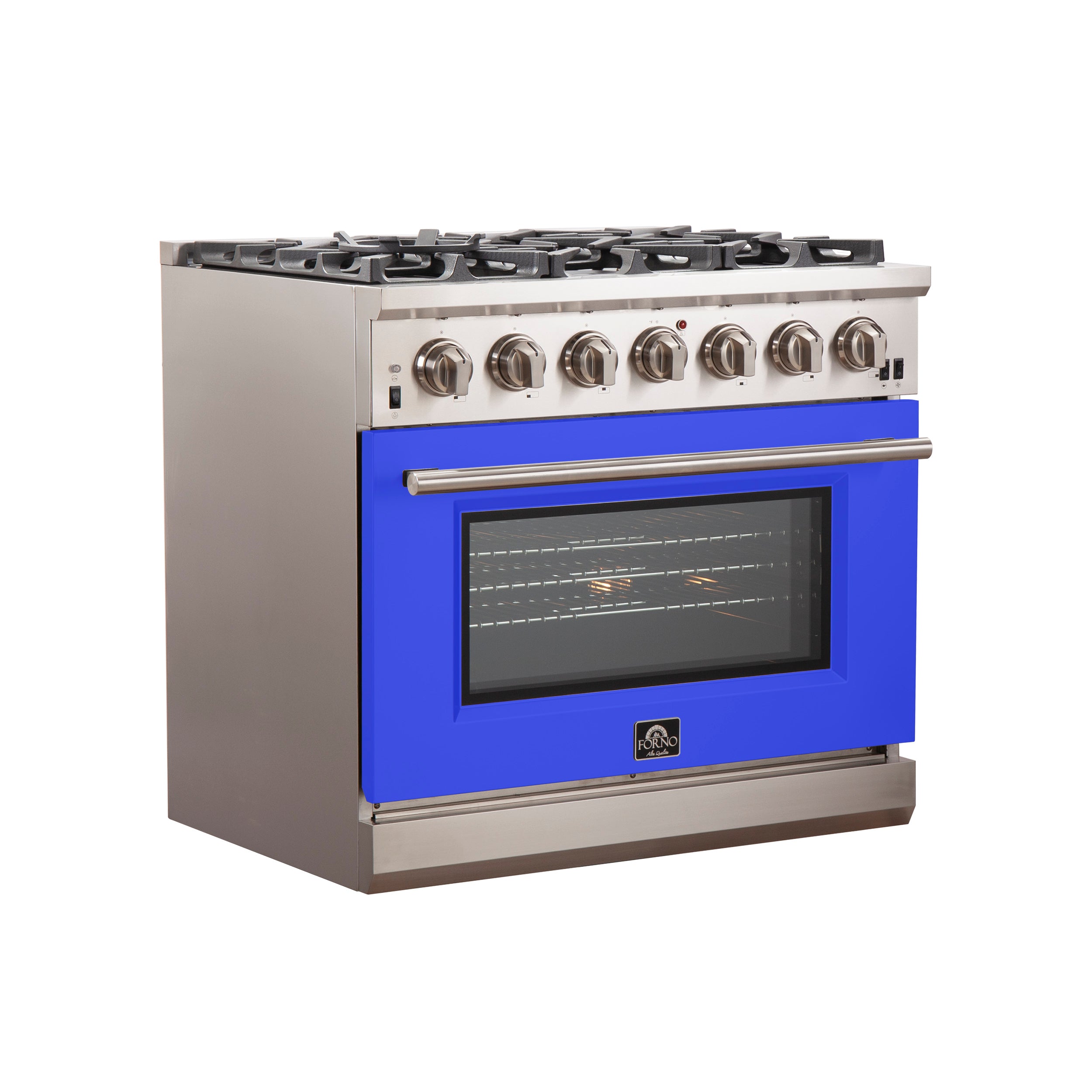 Stainless steel gas range with blue oven door and front control knobs