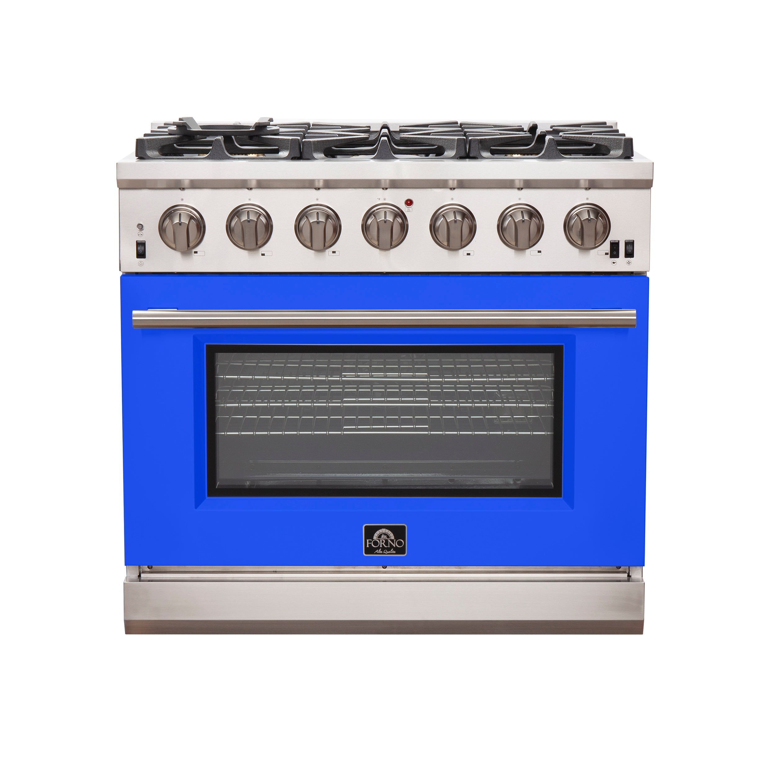 Stainless steel gas range with six burners, knobs, and blue oven door