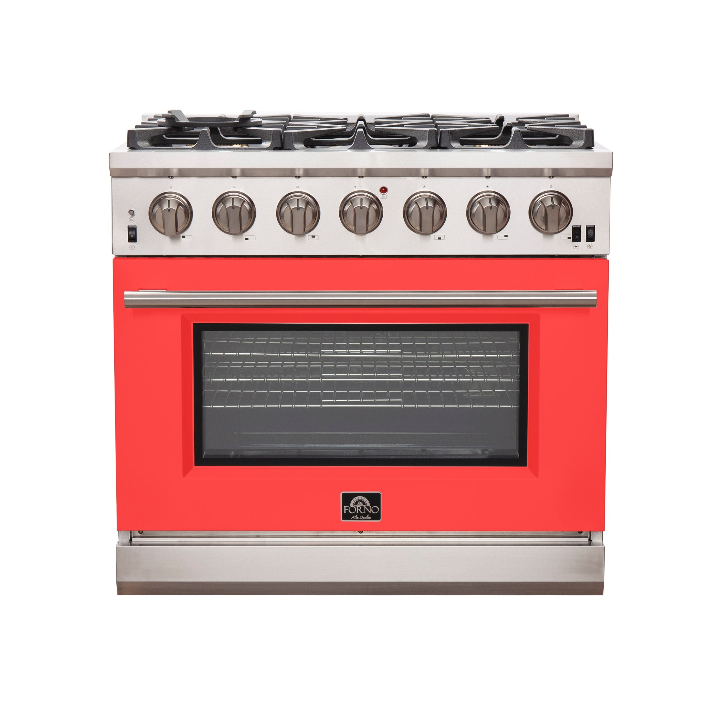 Stainless steel gas range with red oven door and viewing window