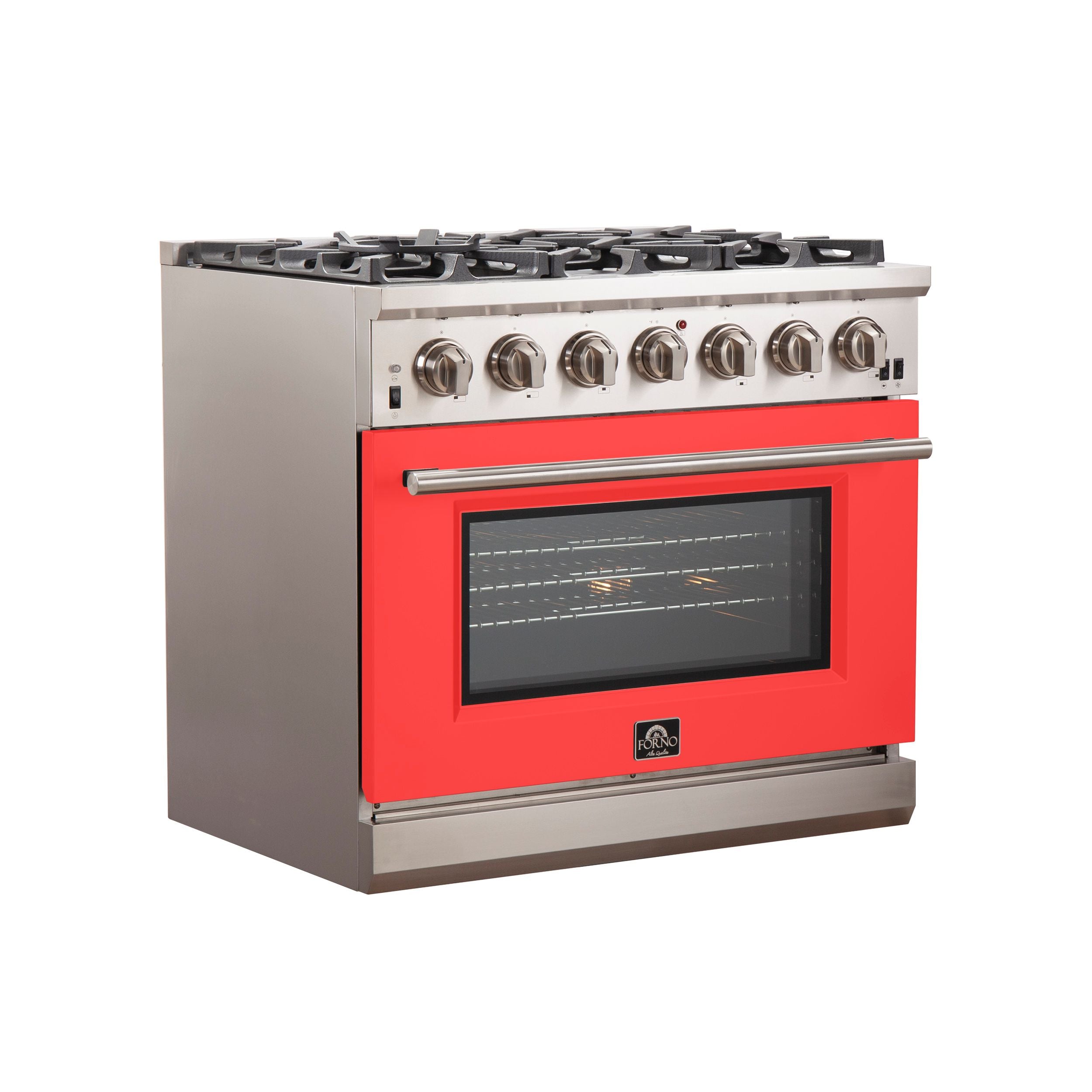 Stainless steel gas range with red oven door window and front control knobs