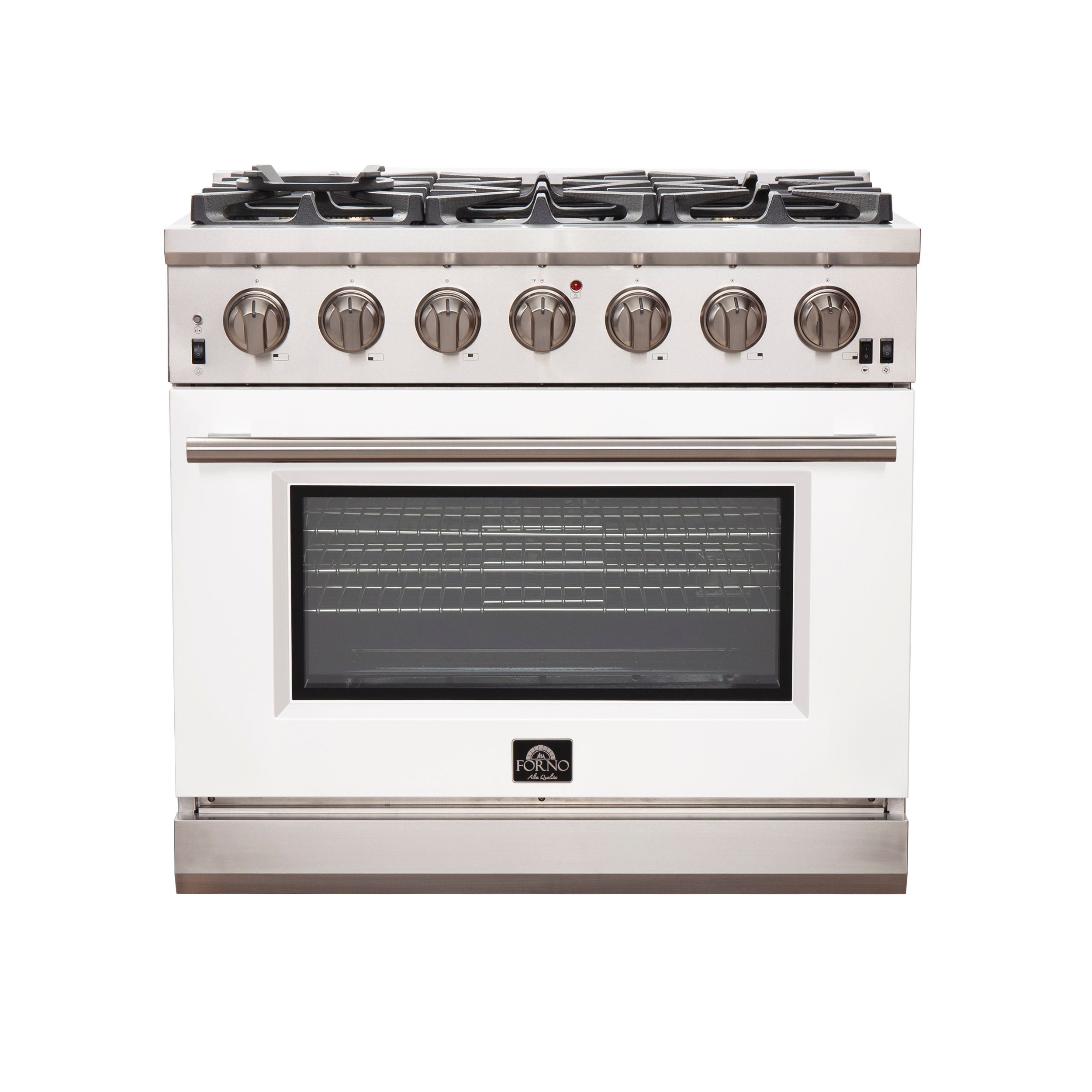 Stainless steel gas range with oven window and six burner control knobs