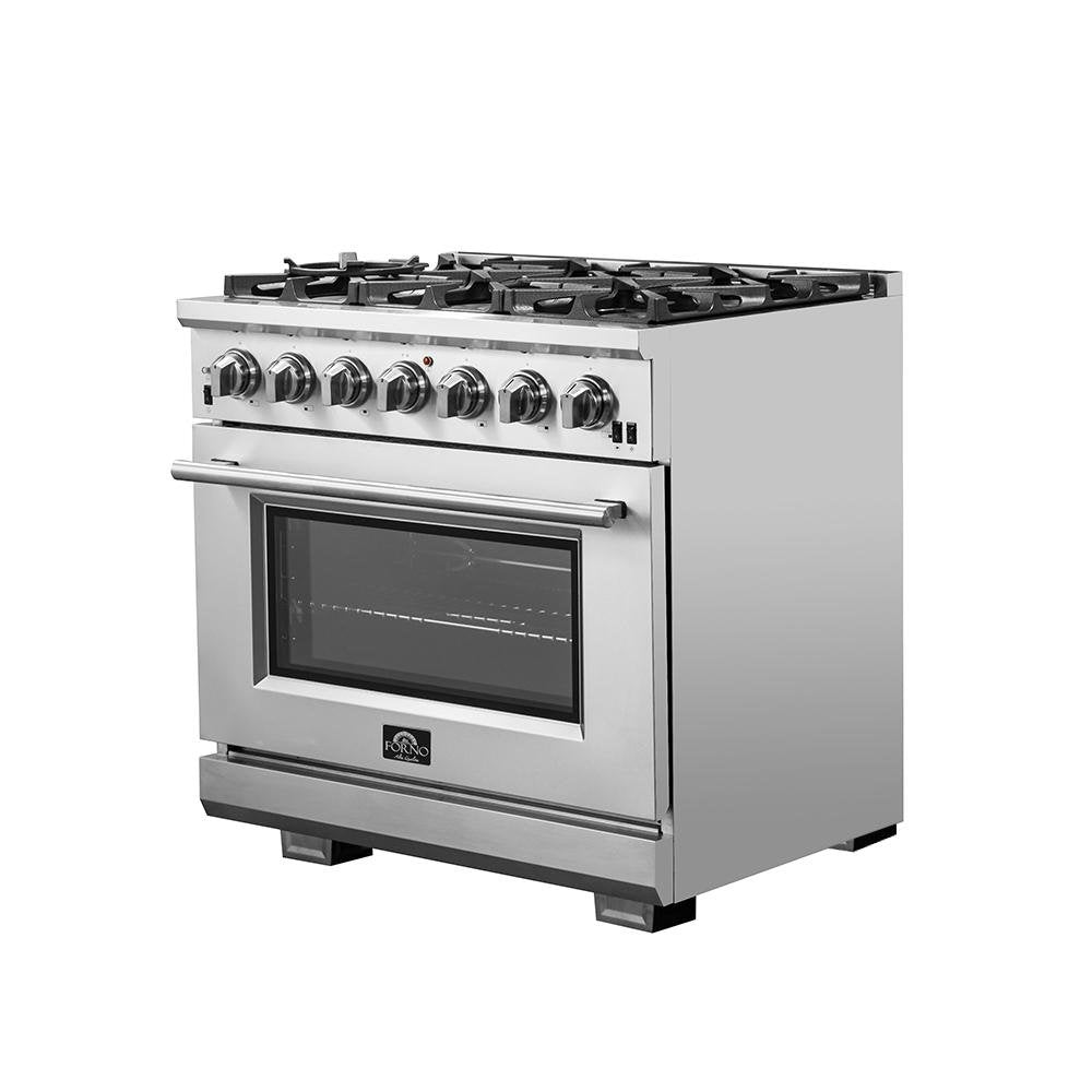 Stainless steel gas range with burner grates and oven door in angled view