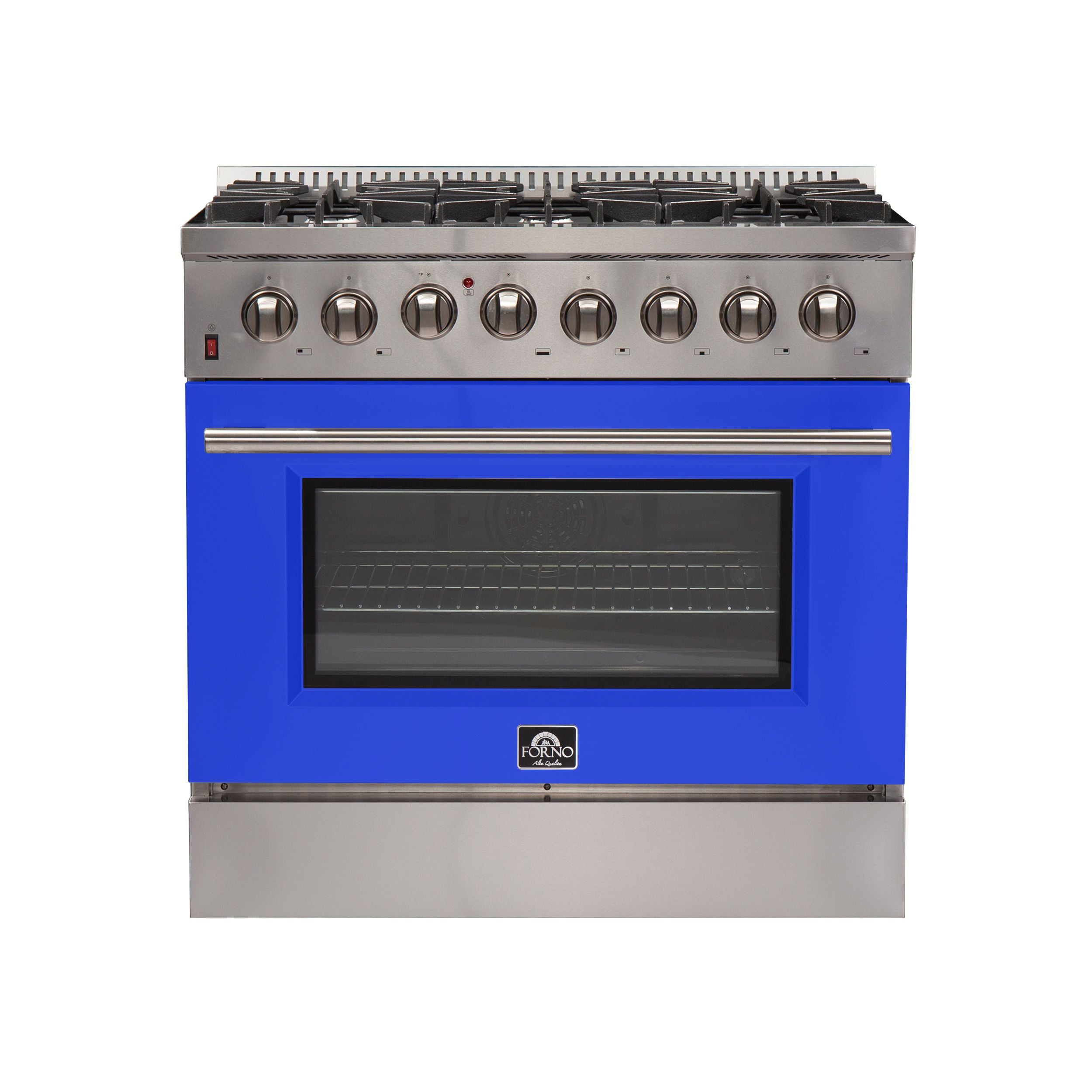 Dual fuel range with stainless cooktop, blue oven door, and control knob row