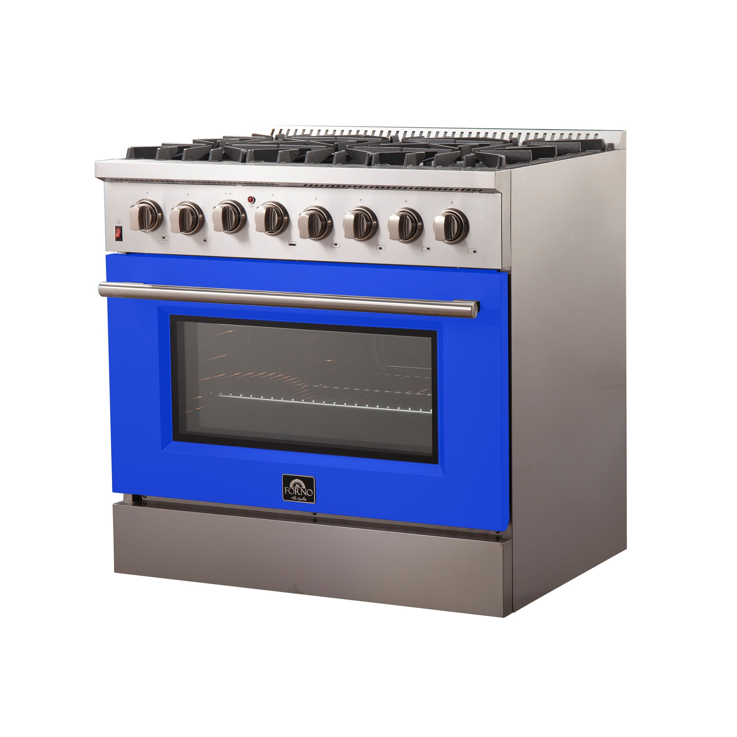 Dual fuel range with blue oven door, stainless body, and six gas burner cooktop