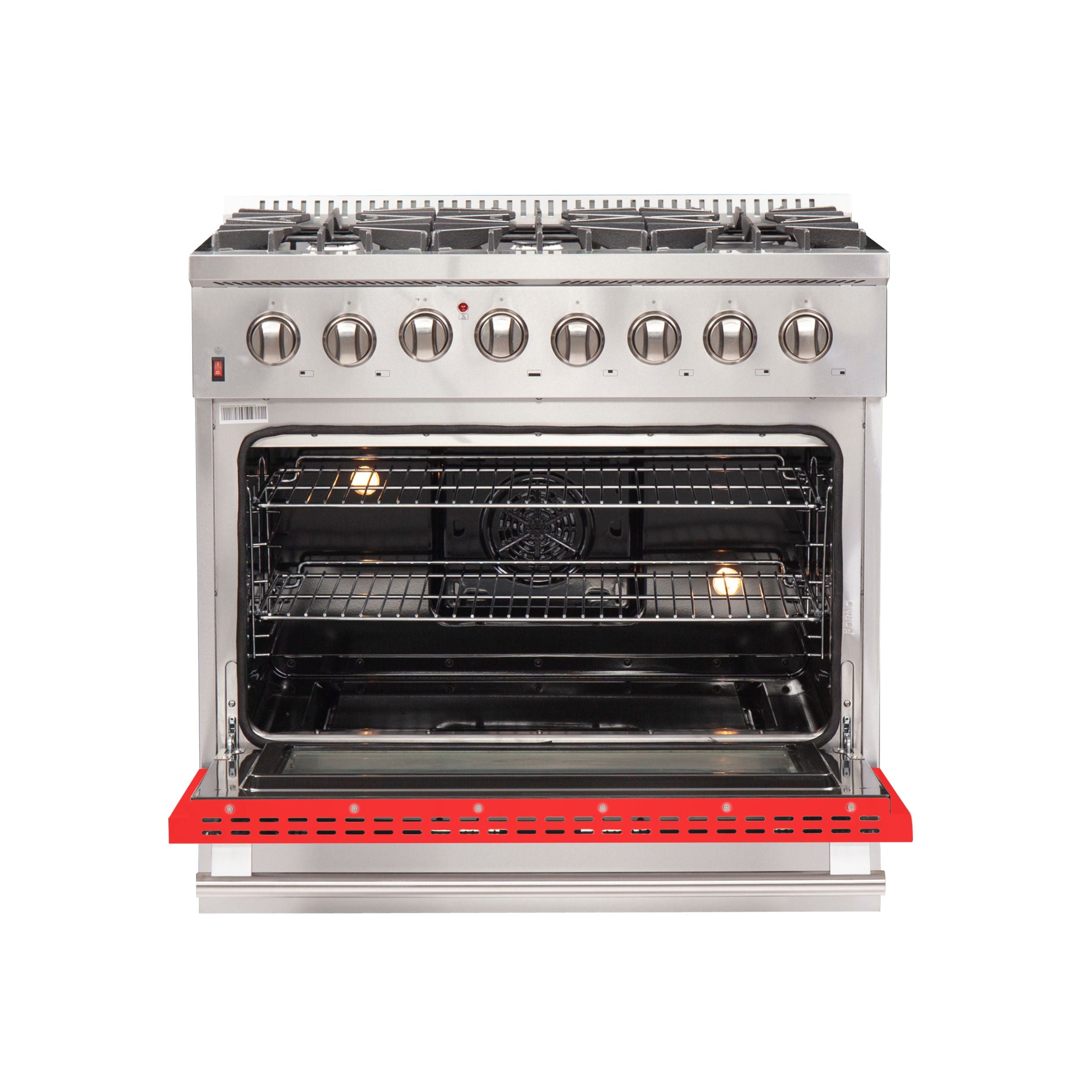 Stainless steel oven door and control knobs; open oven cavity with racks and lights.