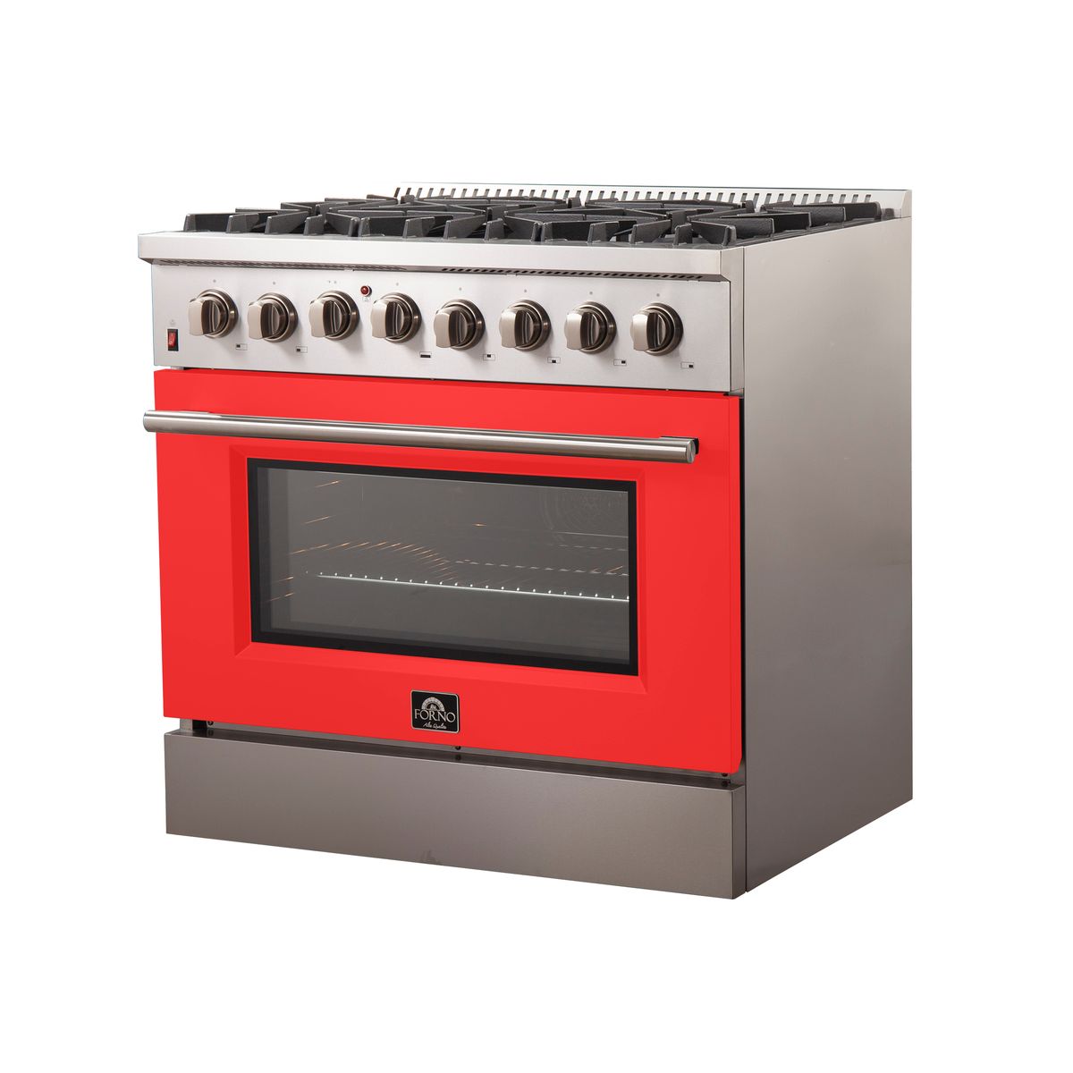 Stainless steel dual-fuel range with red oven door, stainless controls, black oven window.