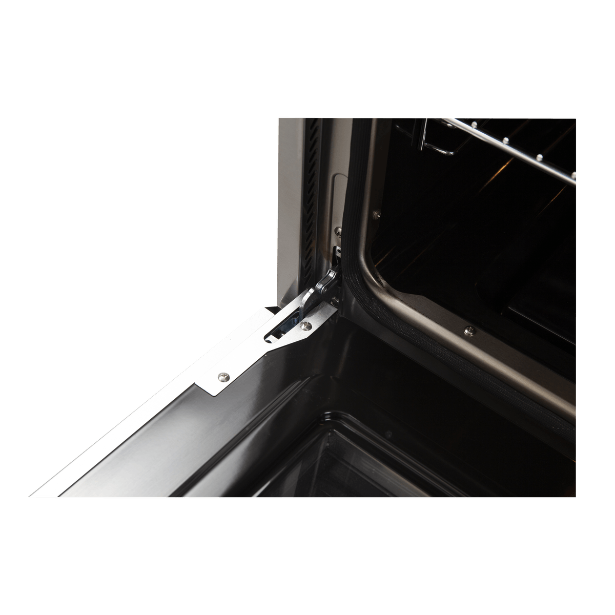 Stainless oven door open to black interior, metal side rails and oven cavity handle.