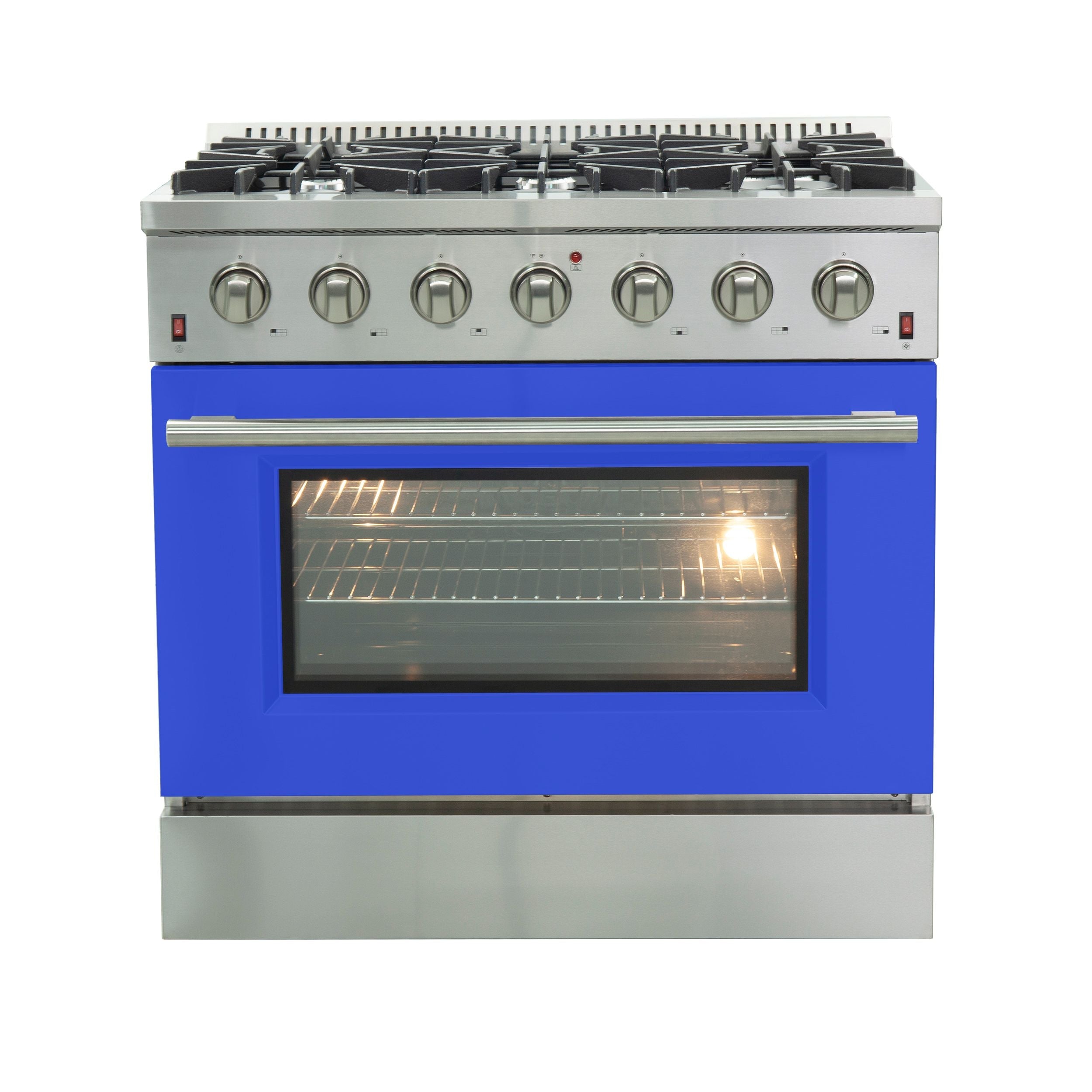 Stainless steel gas range with blue door, lit oven window, and six burner control knobs