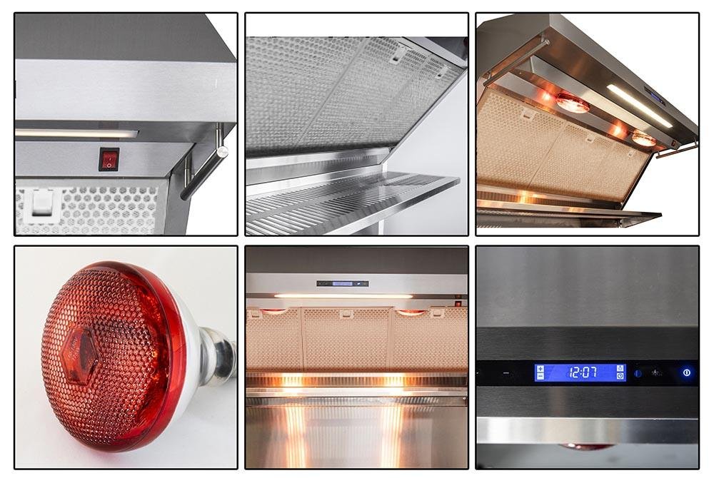 Range hood control panel and vent filters with red warmer light