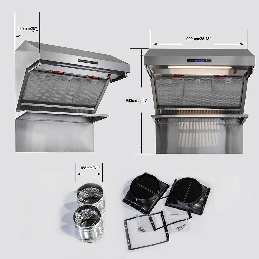 Range hood installation diagram with duct and chimney components
