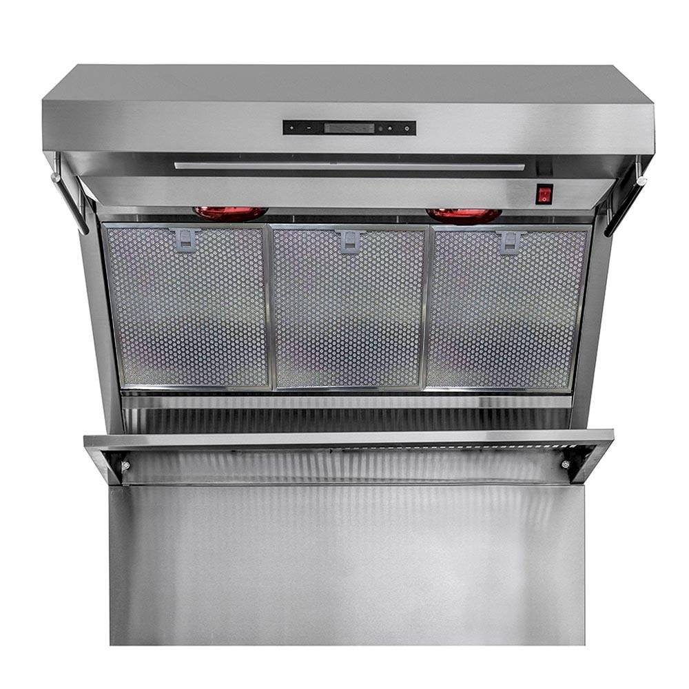 Stainless steel wall mount range hood front view with open vent and mesh filters