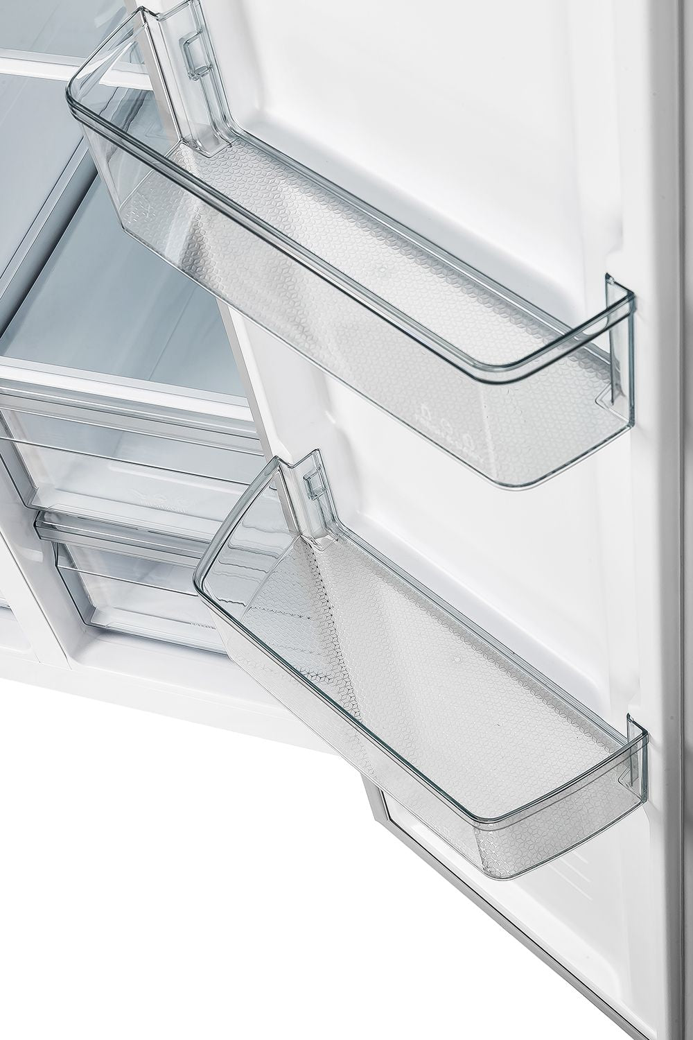 Refrigerator fresh food door shelves with clear bins and metal rack