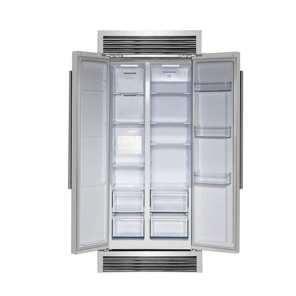 Open side-by-side refrigerator showing interior shelves and freezer grille