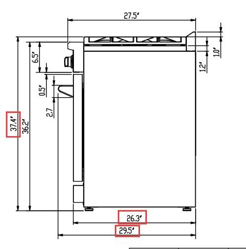 Microwave drawer dimension diagram with height and width measurements