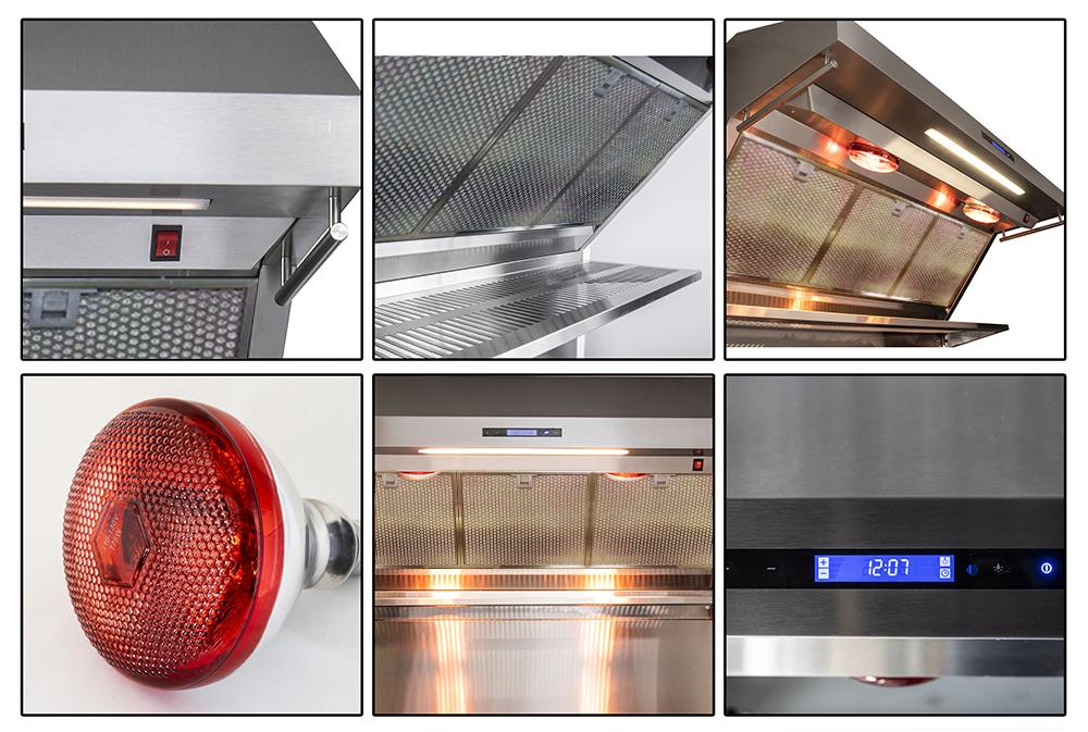 Stainless steel wall range hood collage: mesh filter, lights, and control panel display
