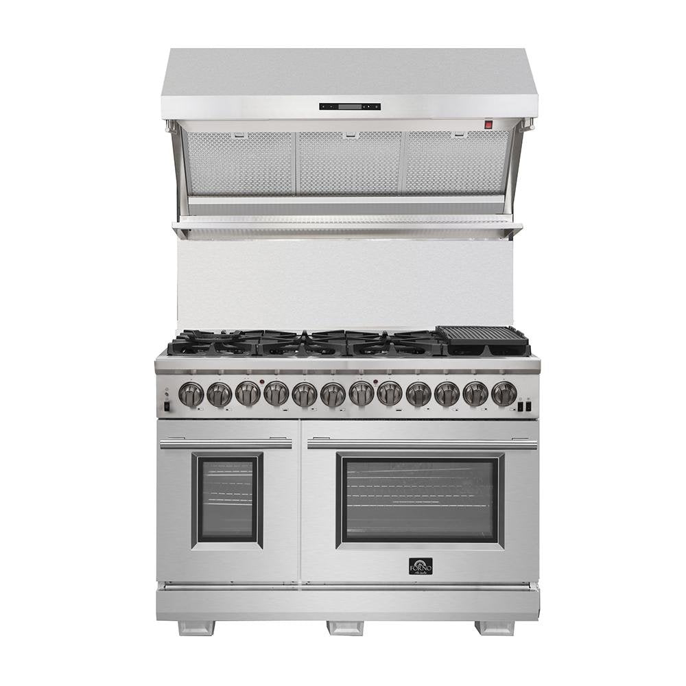 Stainless steel dual fuel range with open hood and dual ovens