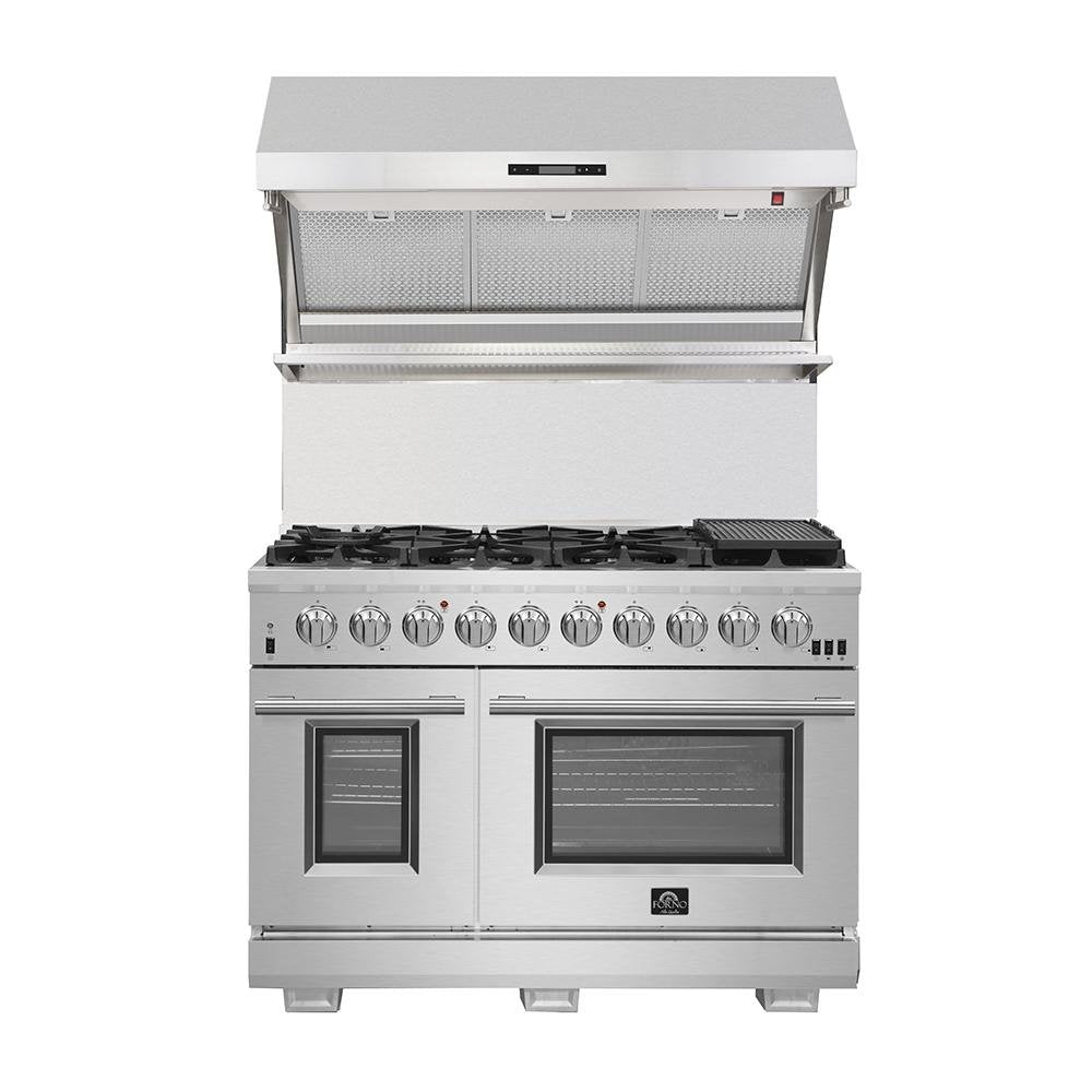 Stainless steel gas range with open oven/broiler compartment and two front doors