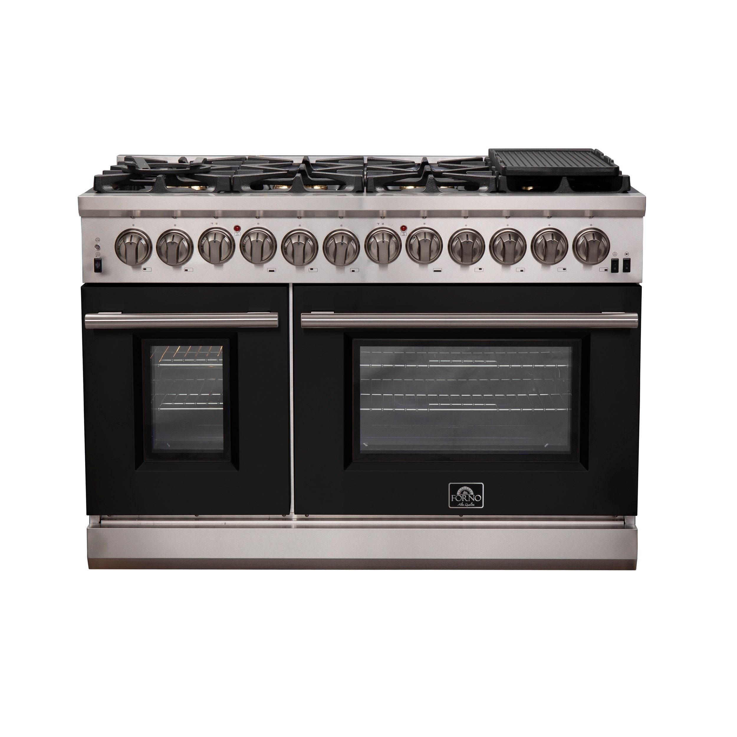 Stainless steel range with black oven doors, burner knobs, and cooktop burners