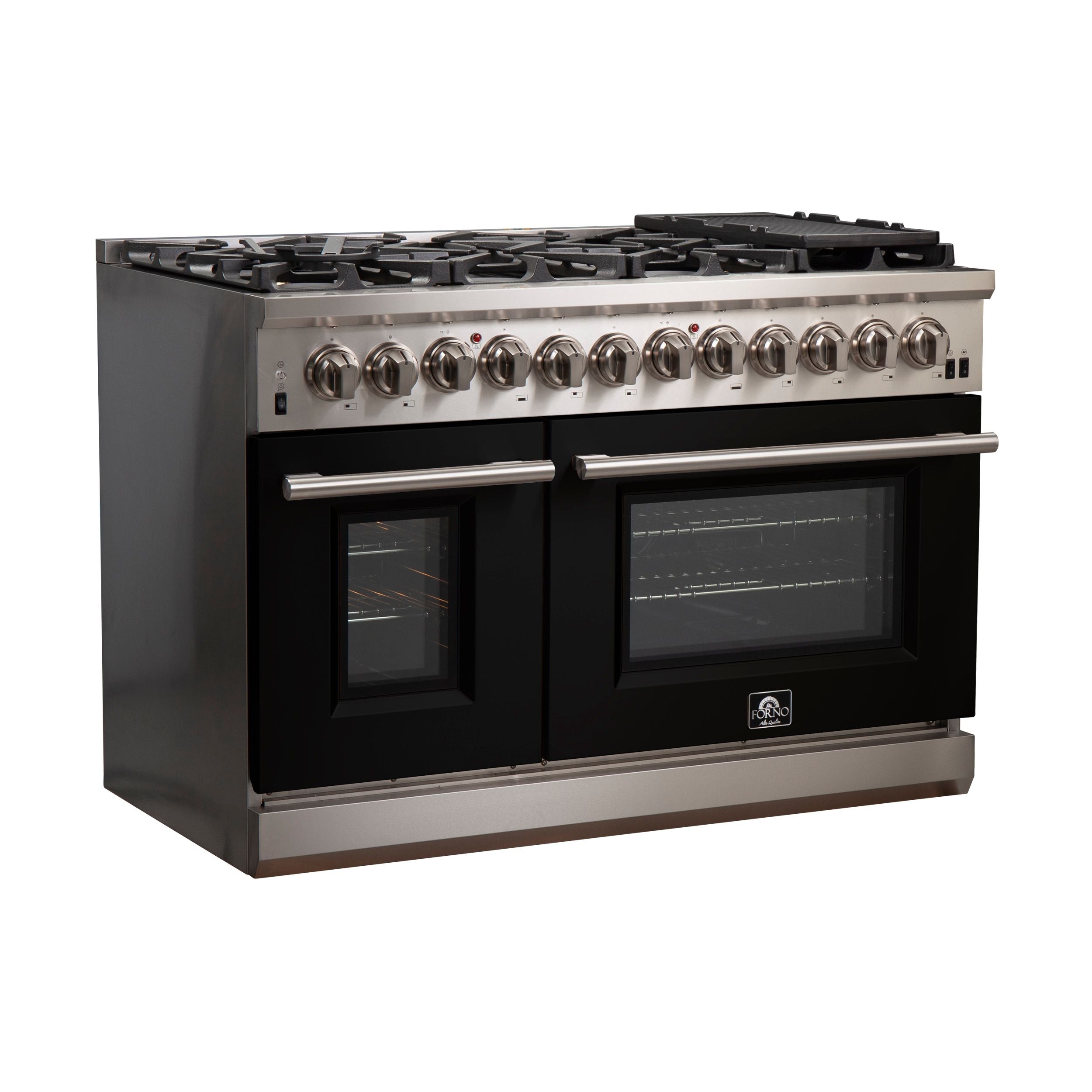 Stainless steel dual fuel range with black oven doors and front control panel