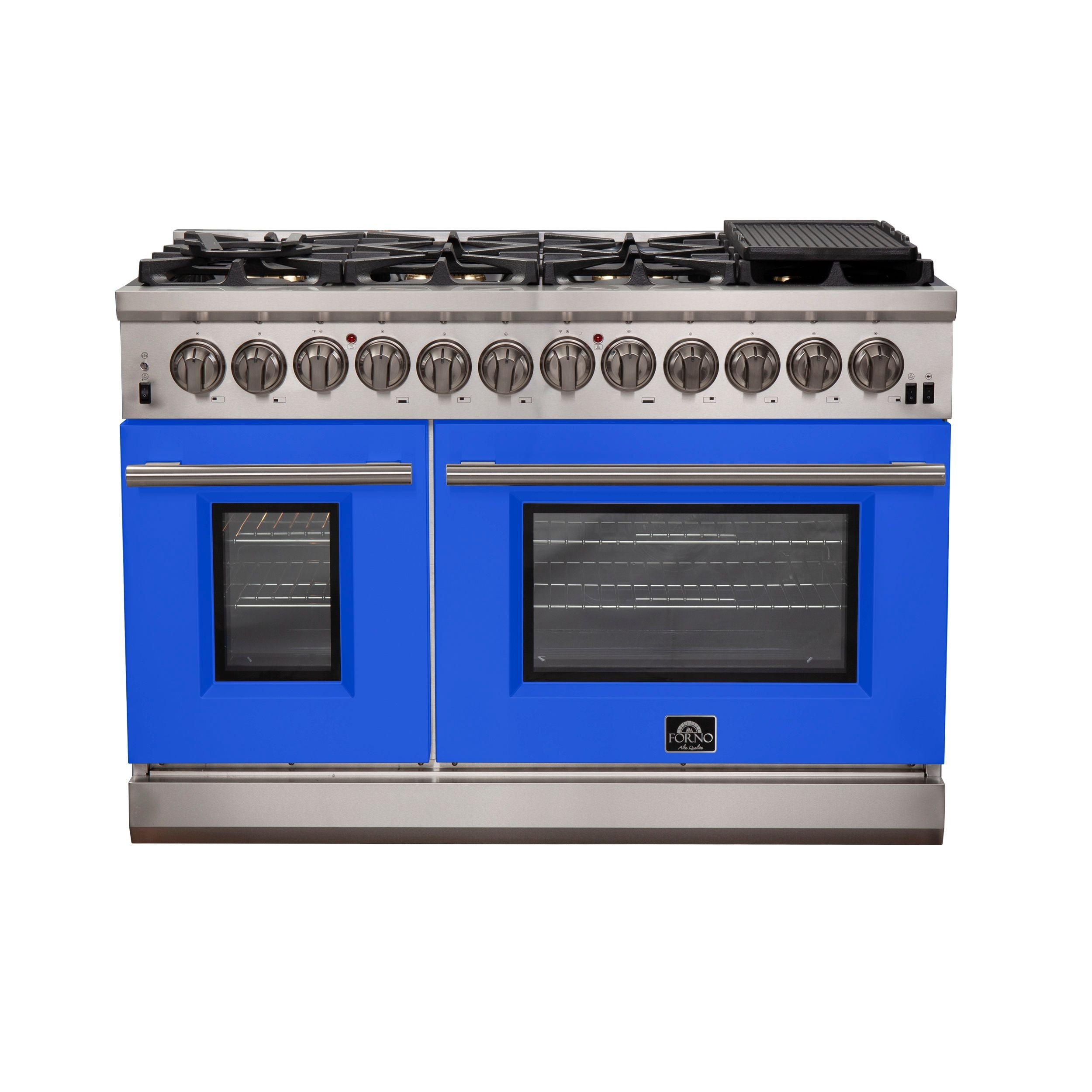 Stainless steel dual-fuel range with blue oven doors and front control knob panel
