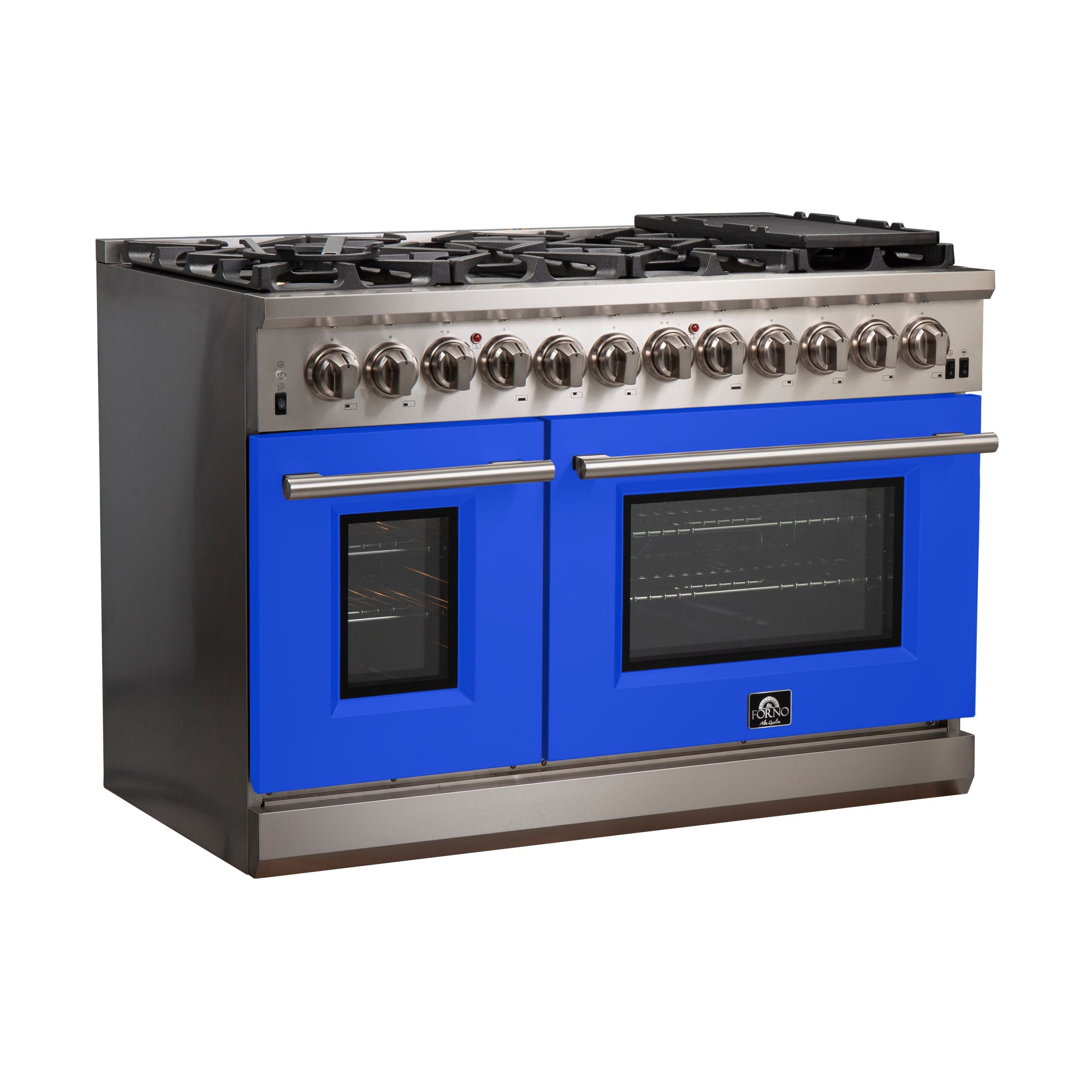 Stainless steel dual-fuel range with blue oven doors and gas burner control knobs