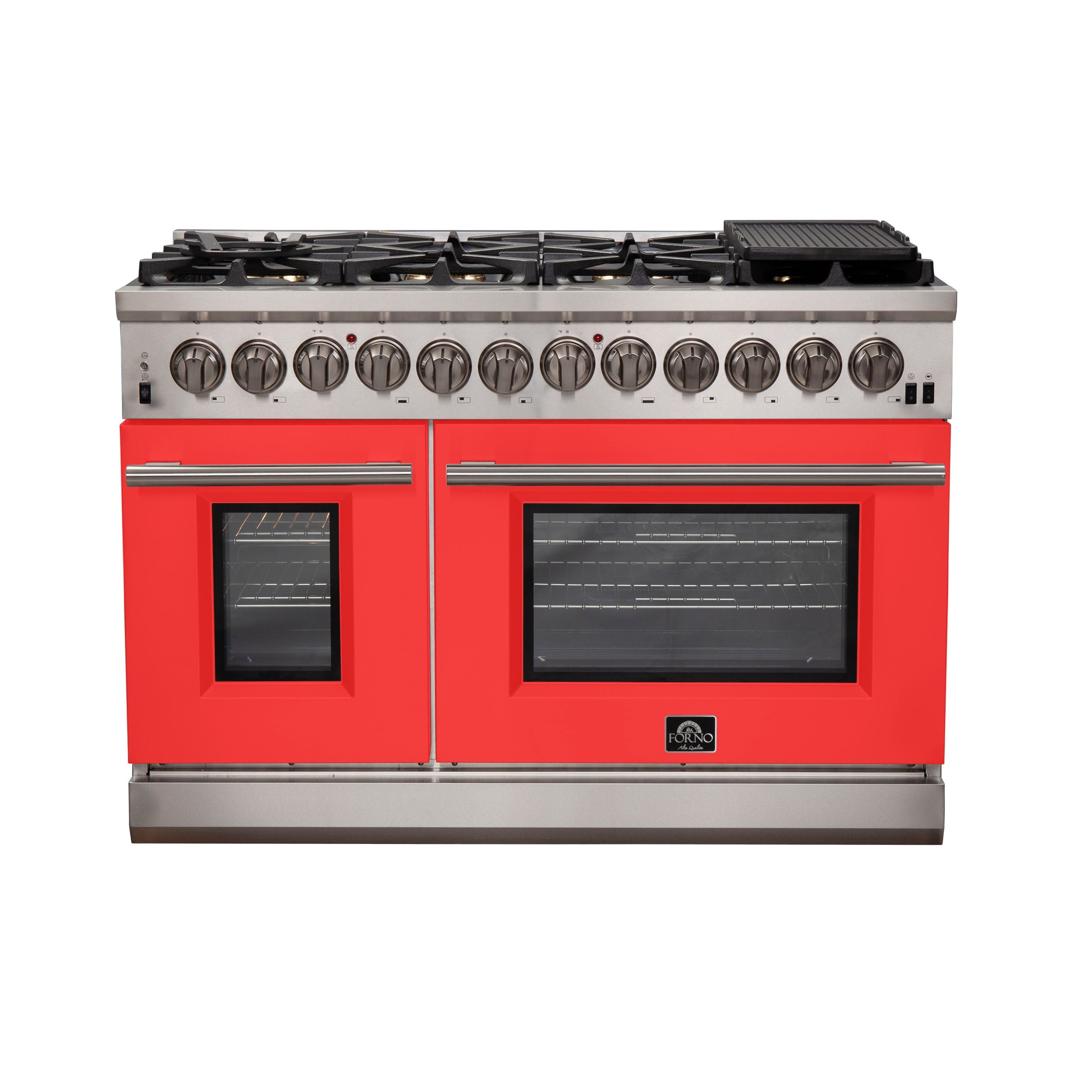 Stainless dual fuel range with two red oven doors and black glass windows