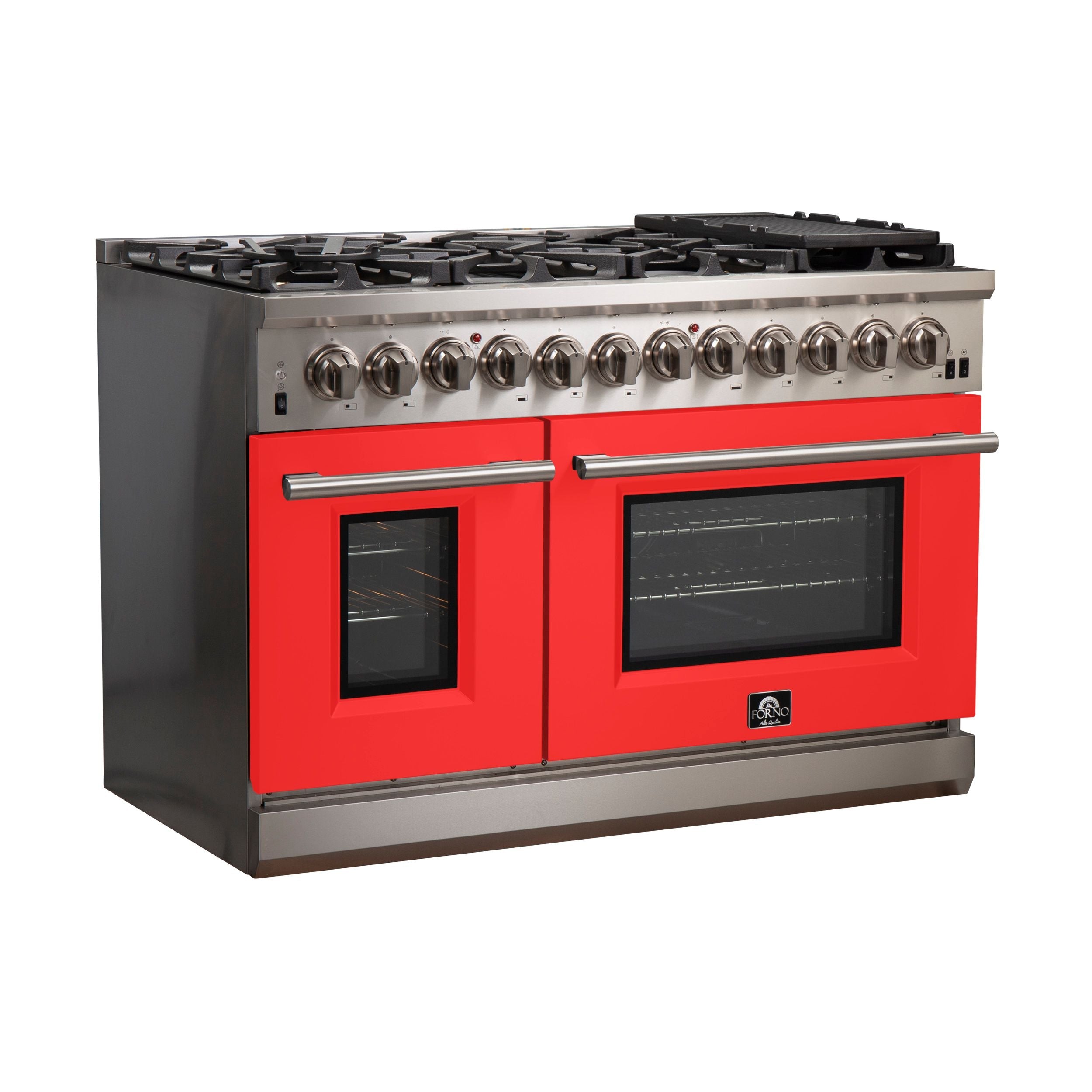 Stainless dual fuel range with red oven doors and eight-burner cooktop