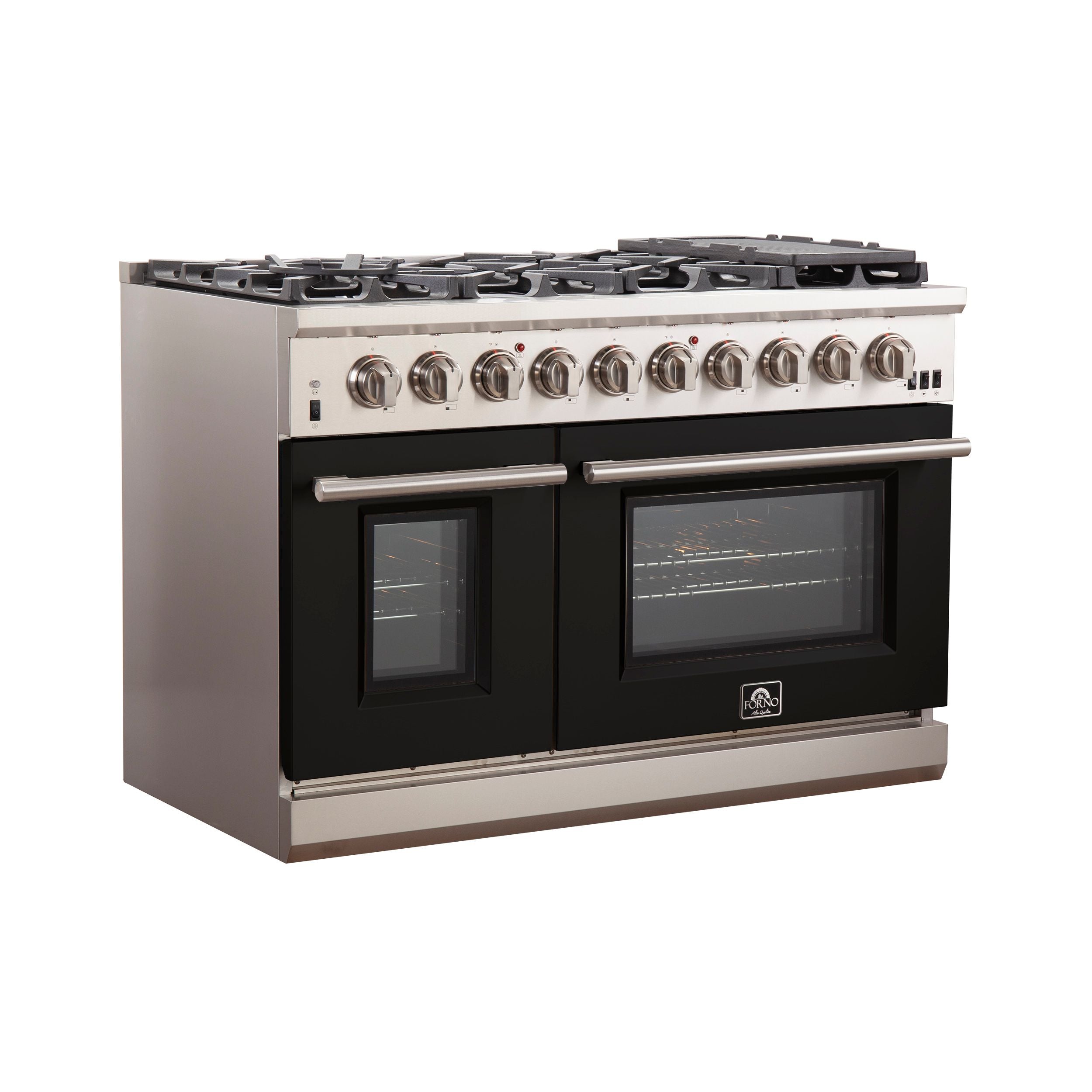 Stainless steel 48-inch gas range with black oven doors and front burner controls