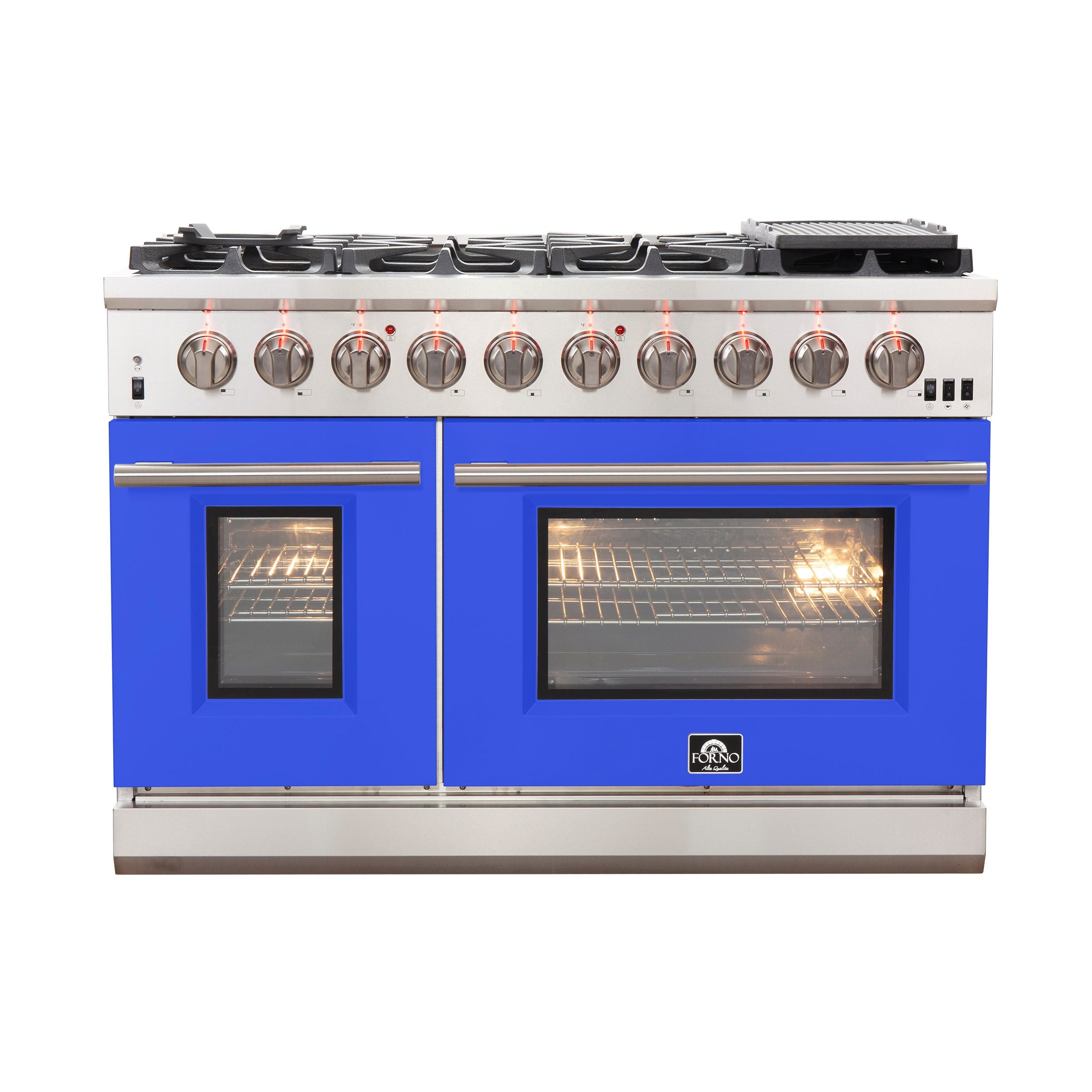Stainless gas range with 8 burners, blue doors, and two lit convection ovens