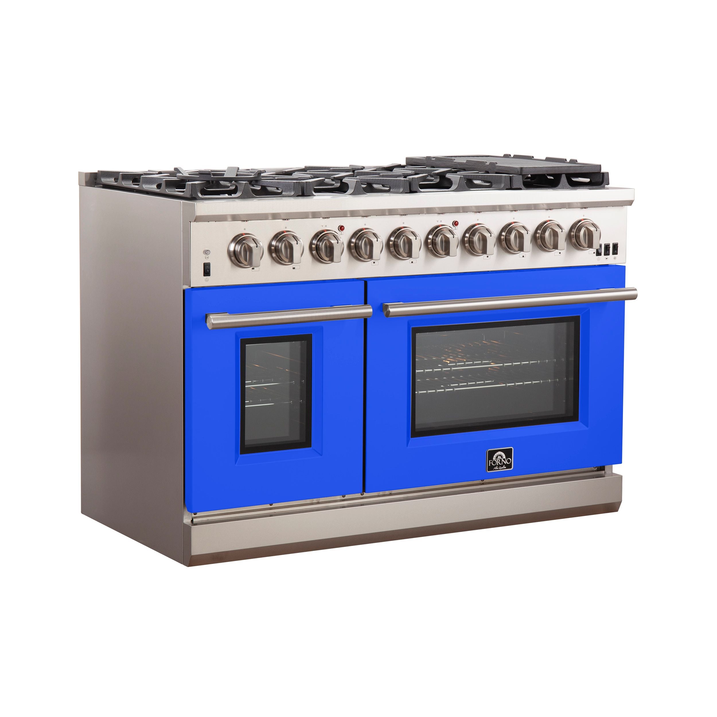 Stainless gas range front view with 8 knobs and blue oven doors