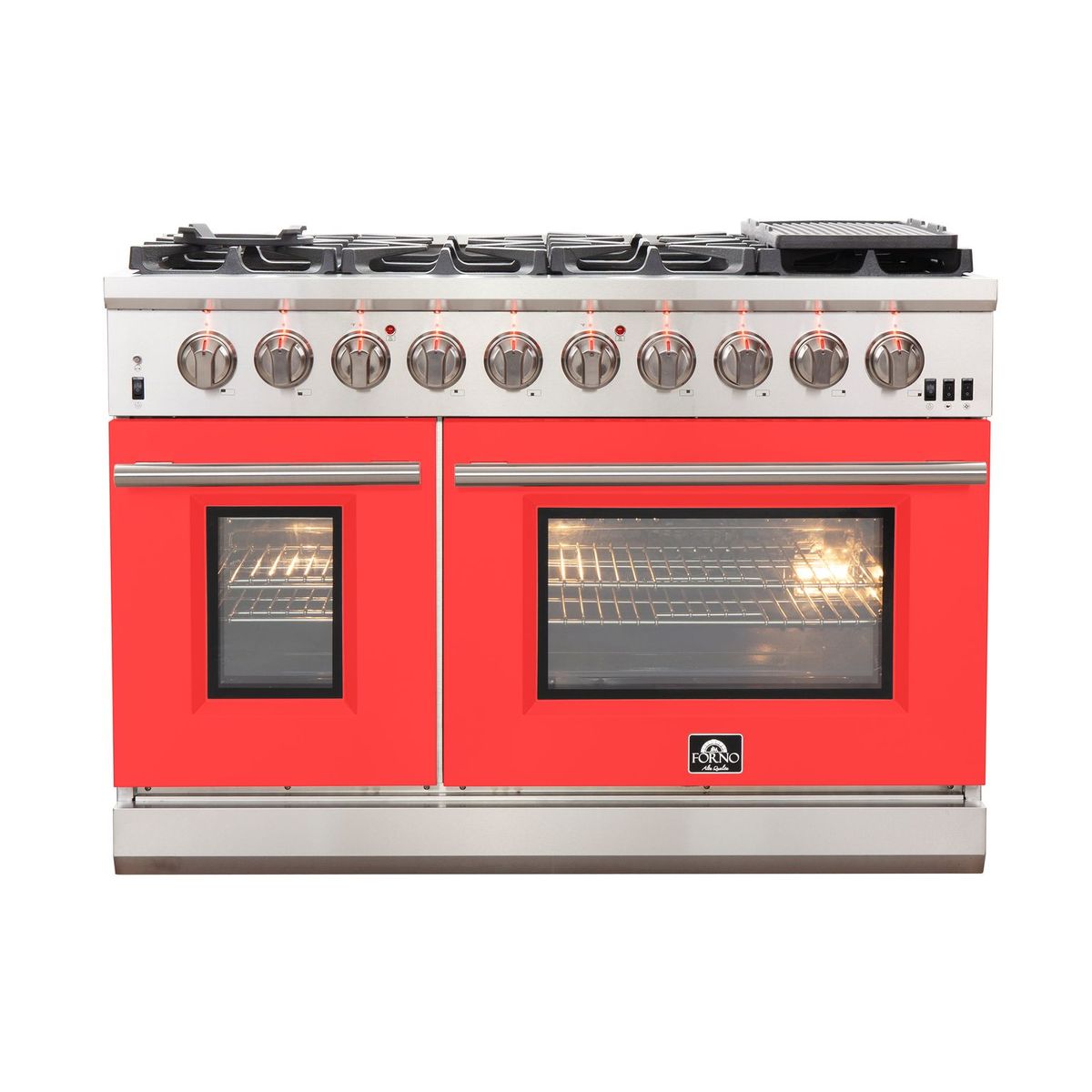 Stainless steel and red 48-inch gas range with two oven doors and front control knobs