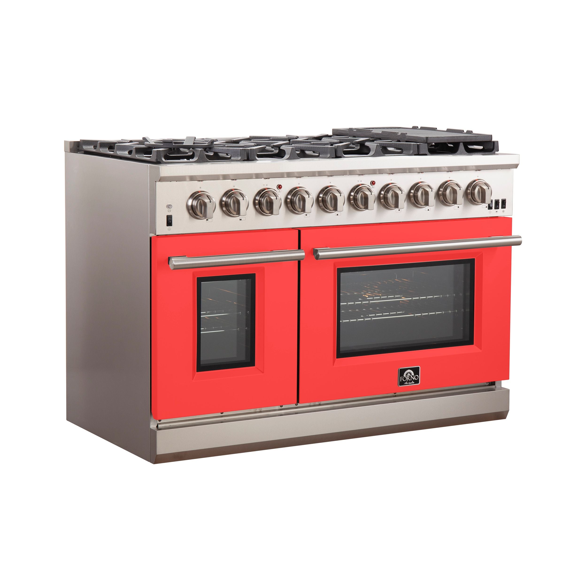 Stainless steel and red gas range with two oven windows and black glass door panels