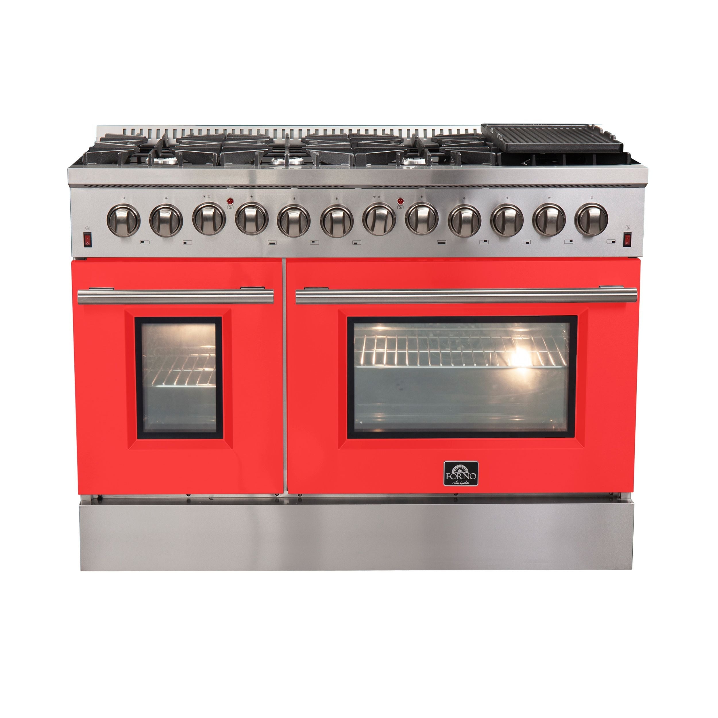 Dual fuel range front with red panels, two glass oven doors, and stainless control knobs