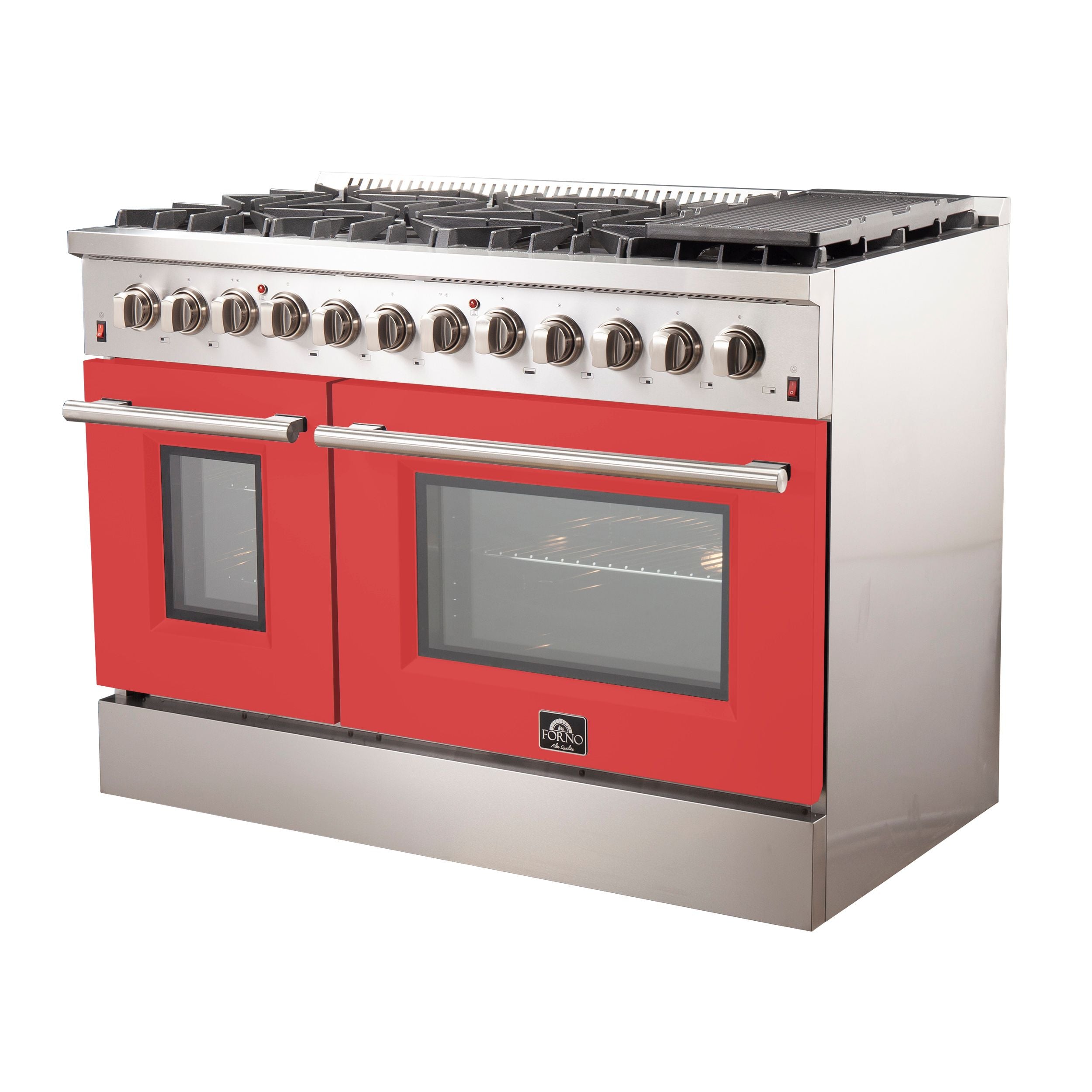 Dual fuel range front view with red side panels, two glass oven windows, and control knobs