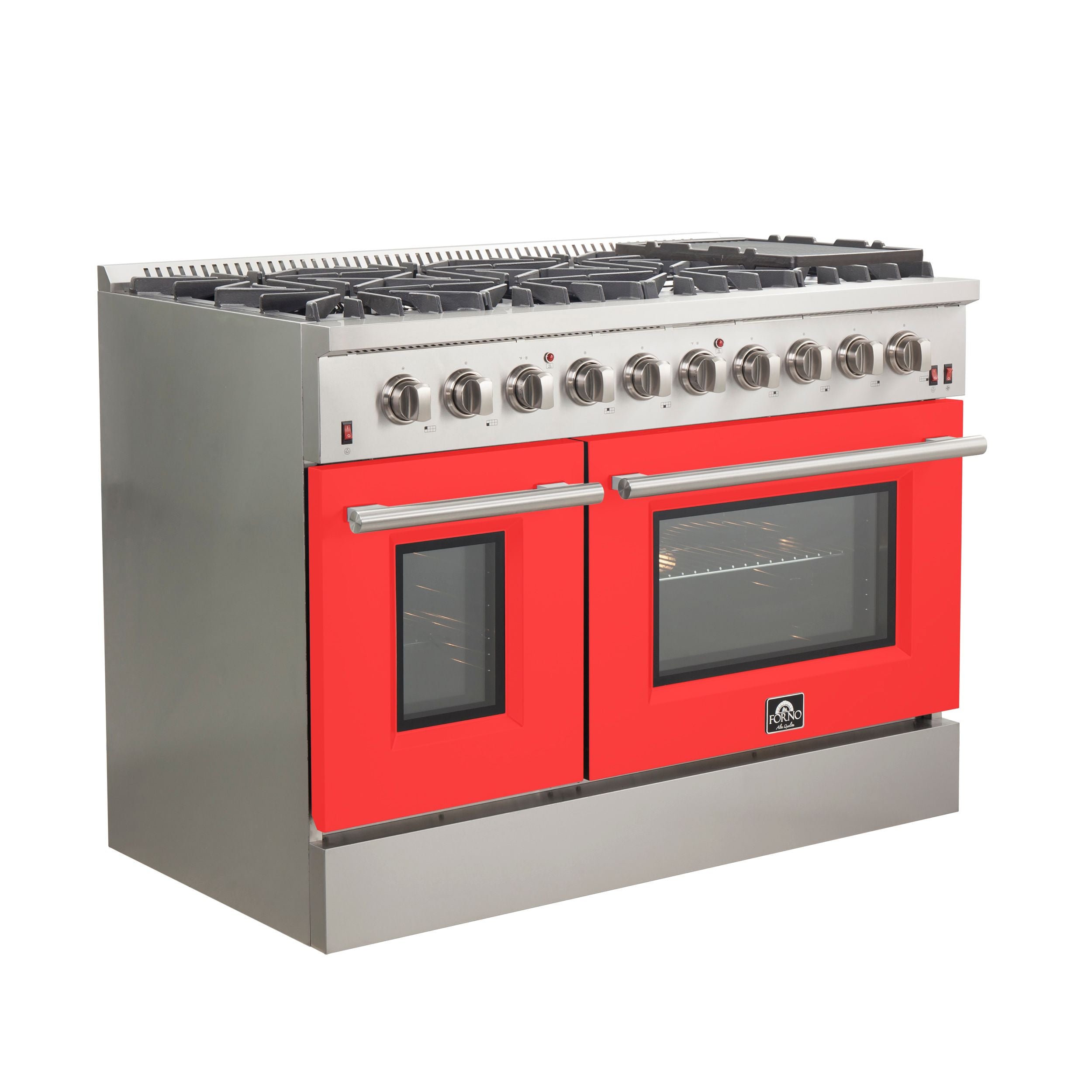 Stainless steel gas range with red double oven doors and stainless control knobs, front view.
