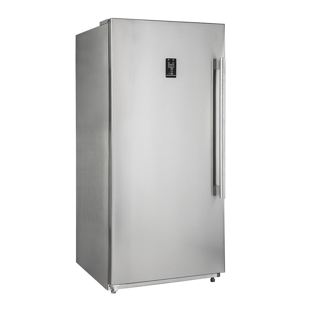 Stainless steel refrigerator front with vertical handles and control panel