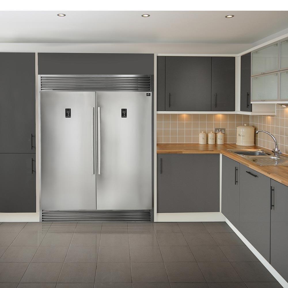 Stainless steel pro-style refrigerator with double doors and vertical handles