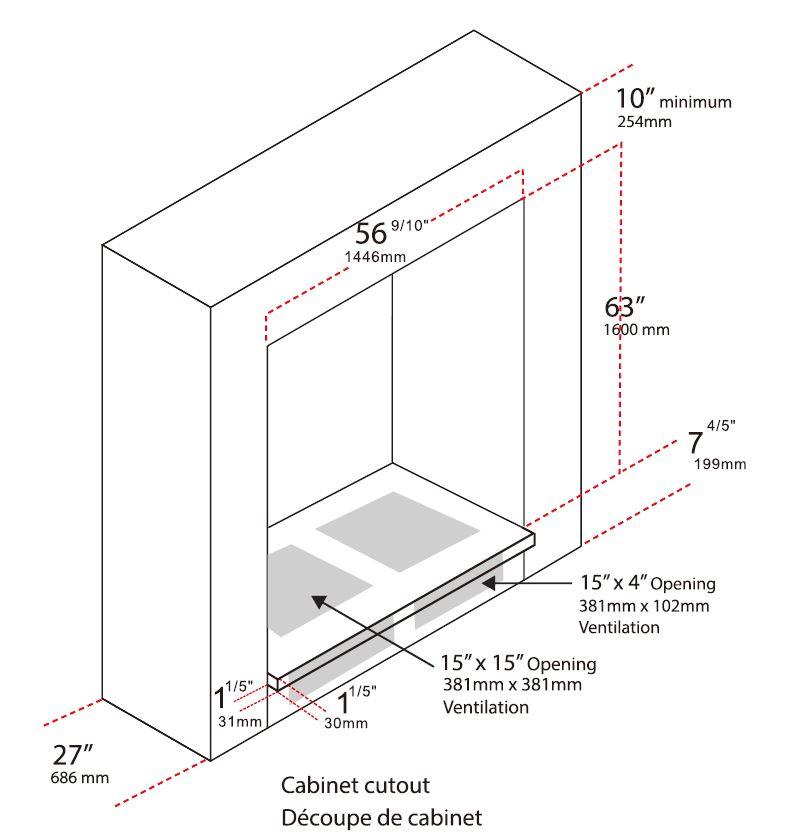 Refrigerator installation cutout dimensions diagram with cabinet opening measurements