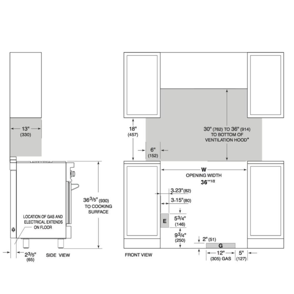 36-inch range installation dimensions line drawing with opening and vent measurements