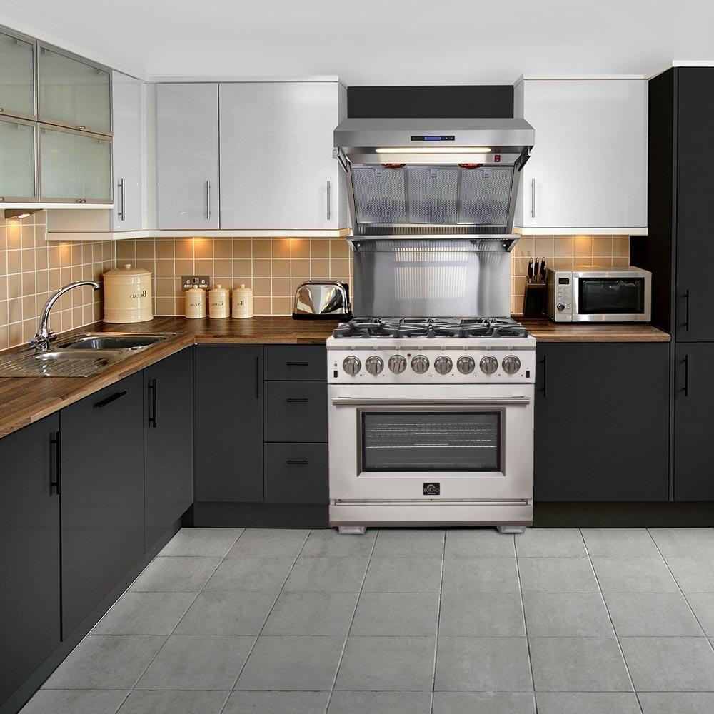 Stainless steel dual fuel range with overhead hood installed in a kitchen