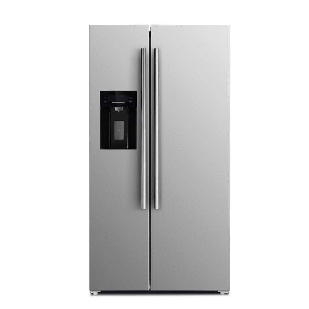 Stainless steel side-by-side refrigerator with in-door water dispenser