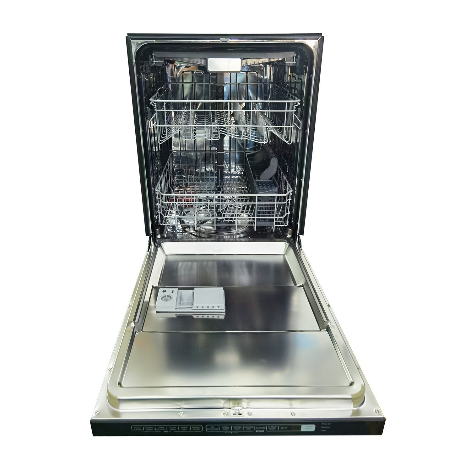 Stainless steel dishwasher with open door and visible wire racks