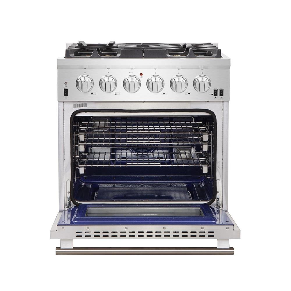 Stainless steel gas range with open oven door and interior racks
