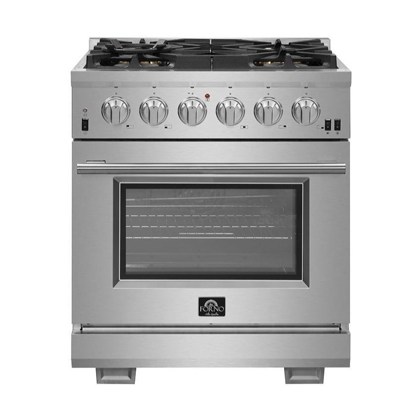 Stainless steel 30-inch gas range with oven window and control knobs
