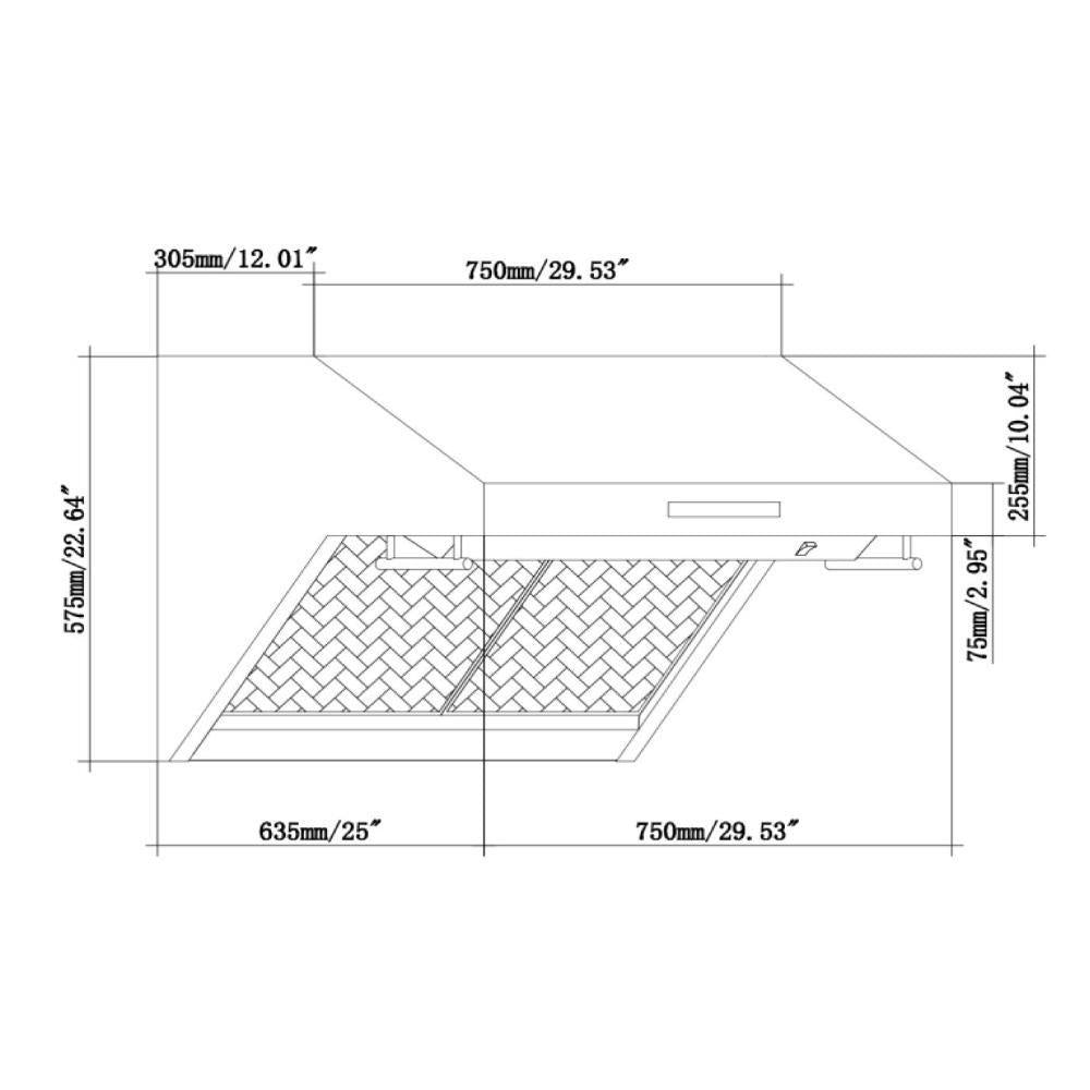 Wall hood mounting dimensions diagram with duct and backsplash layout measurements