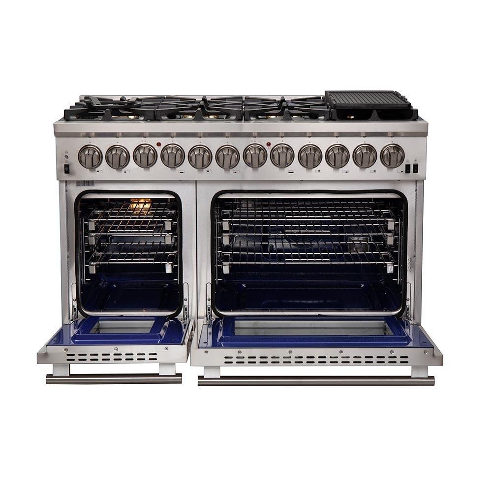 Stainless steel dual-fuel range with two open ovens and control knobs on top.