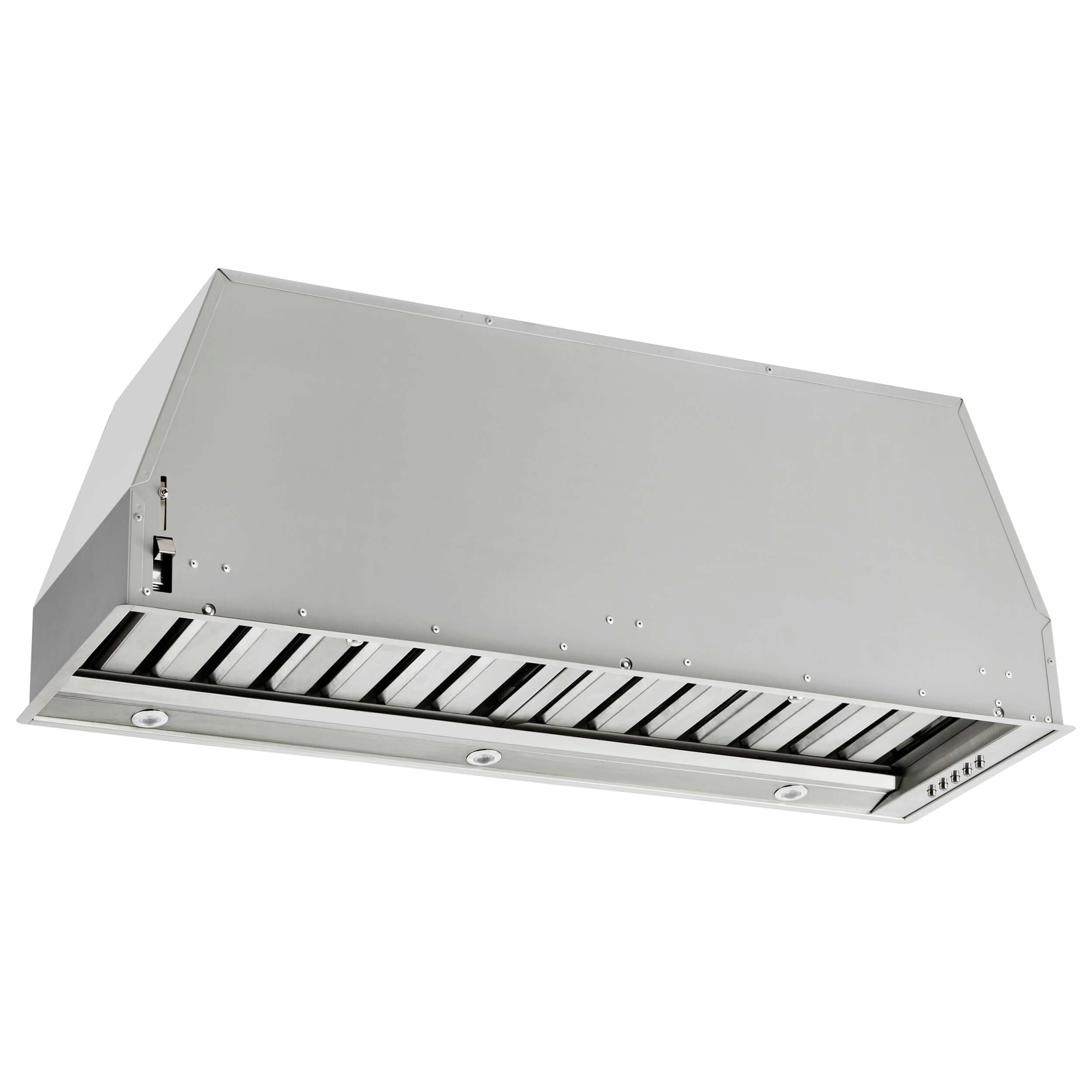 Stainless steel recessed range hood insert with front vent grille and baffle slots